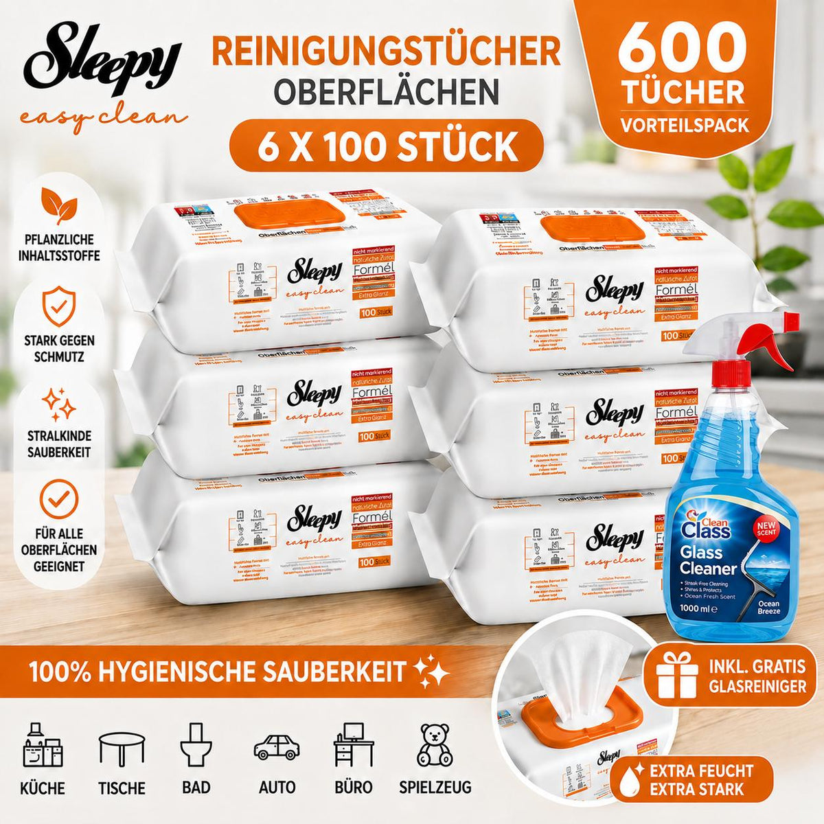 Sleepy Easy Clean Oberflächenreinigungstücher – 6x100 Orange + Glasreiniger GRATIS