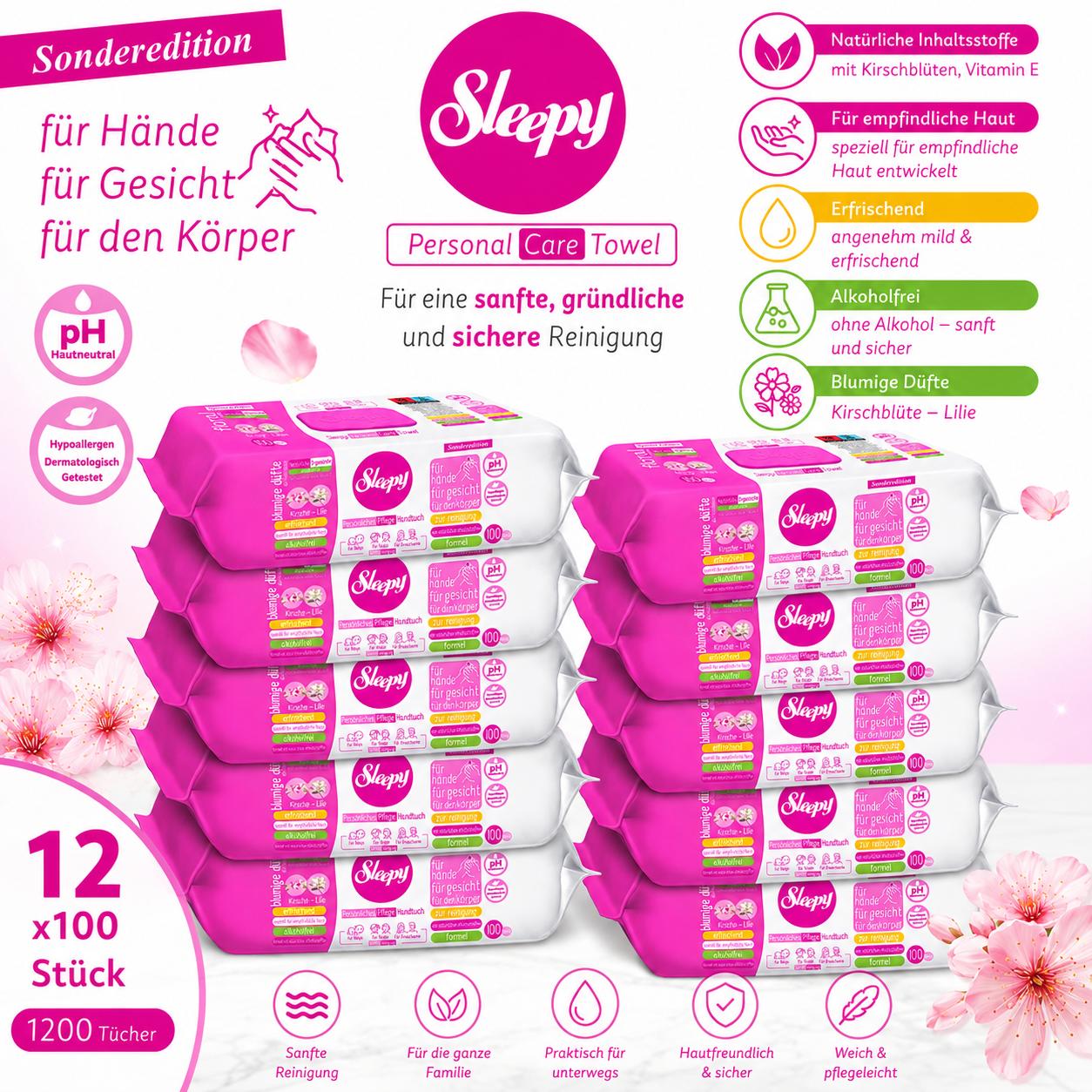 Sleepy Easy Clean Sensitive Feuchttücher Kirsche - Lilie 12x100 Tücher – für Babys, Kinder & Erwachsene – alkoholfrei, pH-hautneutral, hypoallergen, sanfte Reinigung für Hände, Gesicht & Körper