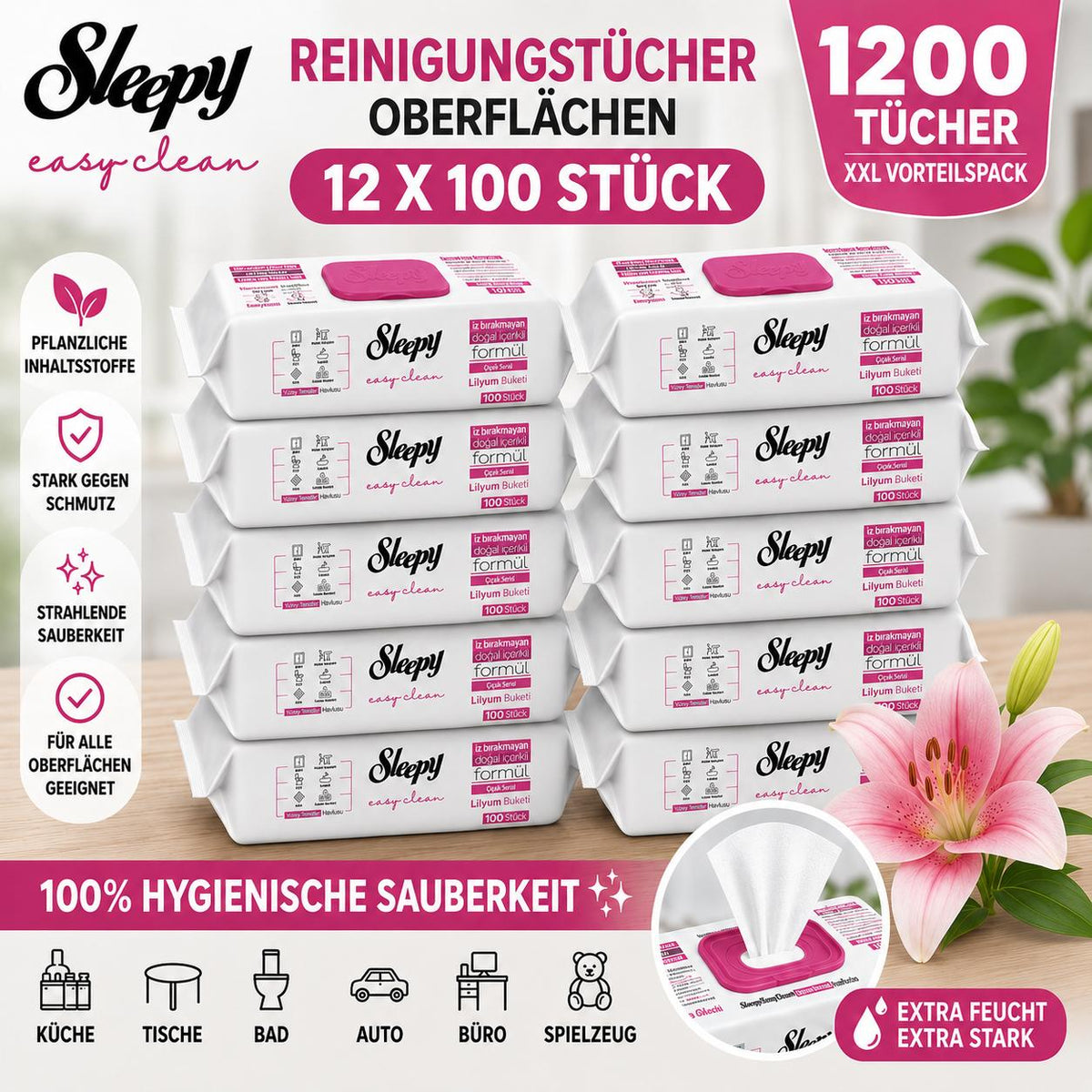 Sleepy Easy Clean XXL Reinigungstücher Lilium 12er Pack (1.200 Stk.) – Vorratspack blumiger Frischeduft