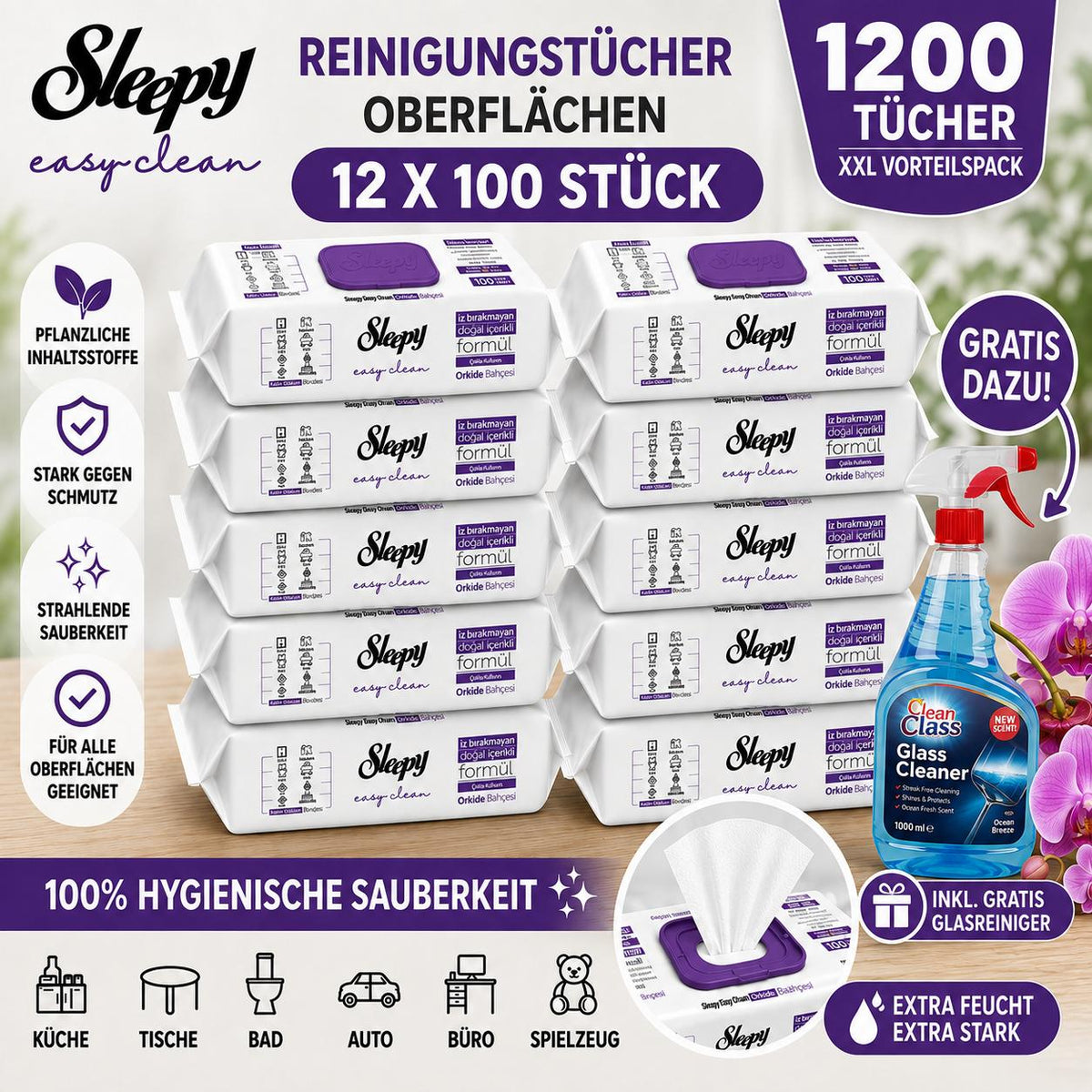 Sleepy Easy Clean Oberflächenreinigungstücher – 12x100 Orchidee + Glasreiniger GRATIS