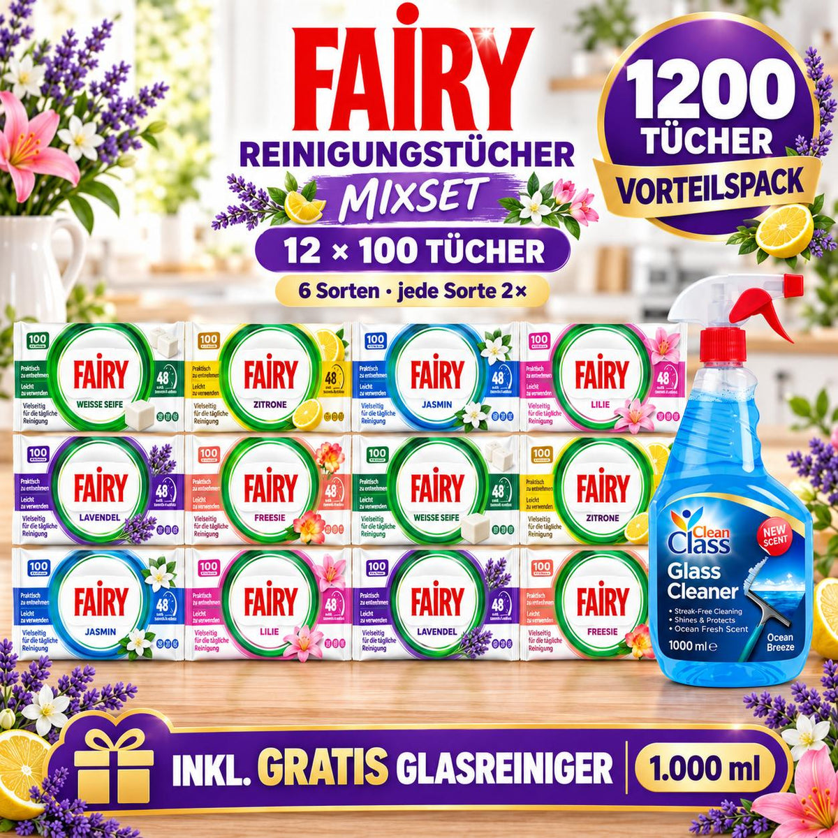 FAIRY Oberflächen-Reinigungstücher alle 6 Sorten – 12er Mixset, 12 x 100 Tücher + 1 Gratis-Glasreiniger