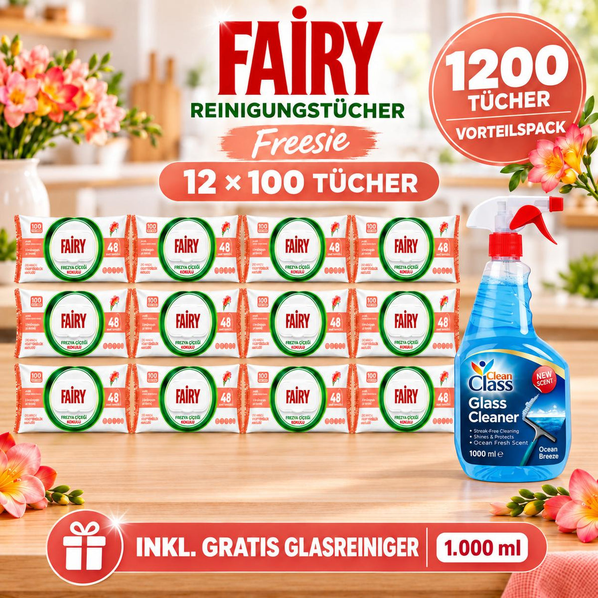 FAIRY Oberflächen-Reinigungstücher Freesie – 12er Set, 12 x 100 Tücher + 1 Gratis-Glasreiniger