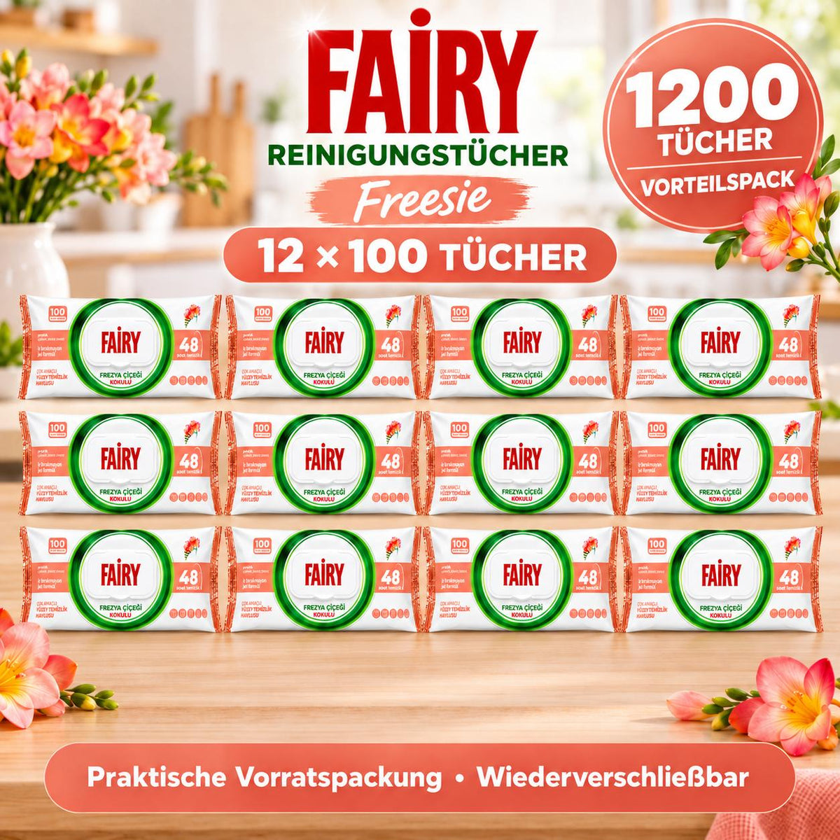 FAIRY Oberflächen-Reinigungstücher Freesie – 12er Set, 12 x 100 Tücher