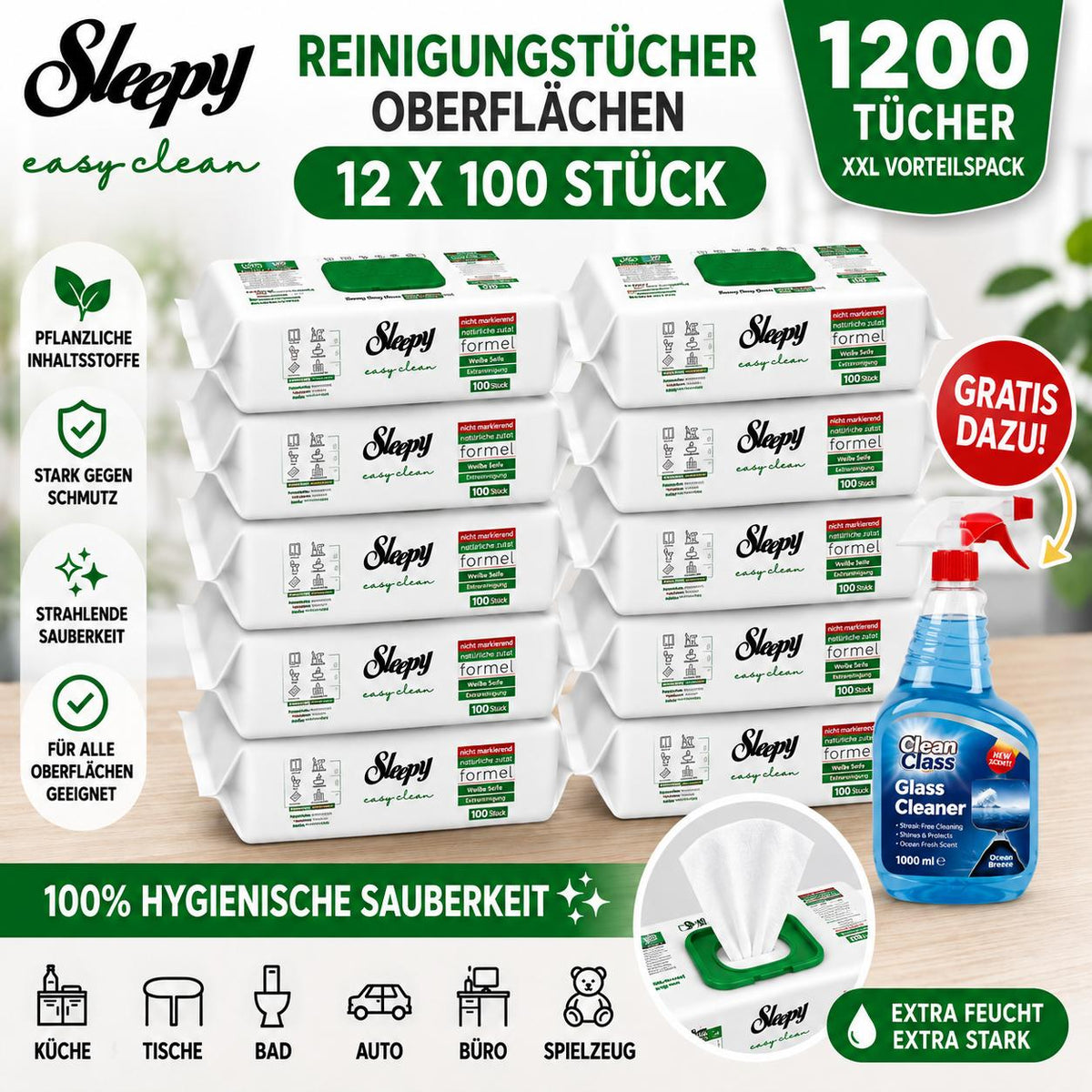 Sleepy Easy Clean Oberflächenreinigungstücher – 12x100 White Soap + Glasreiniger GRATIS