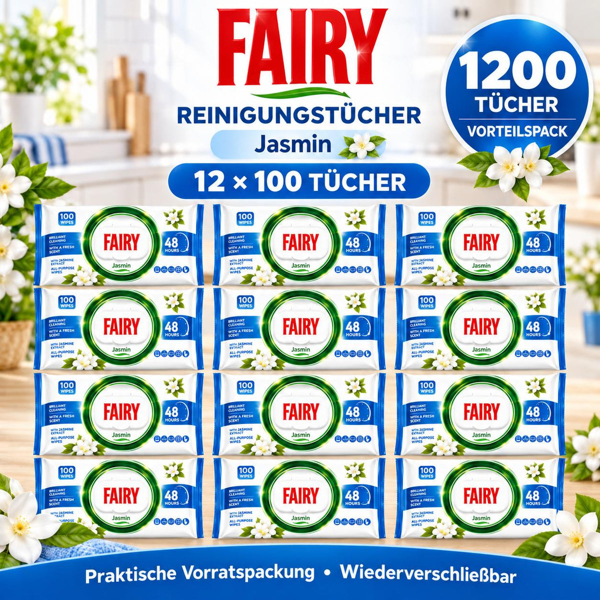 FAIRY Oberflächen-Reinigungstücher Jasmin – 12er Set, 12 x 100 Tücher