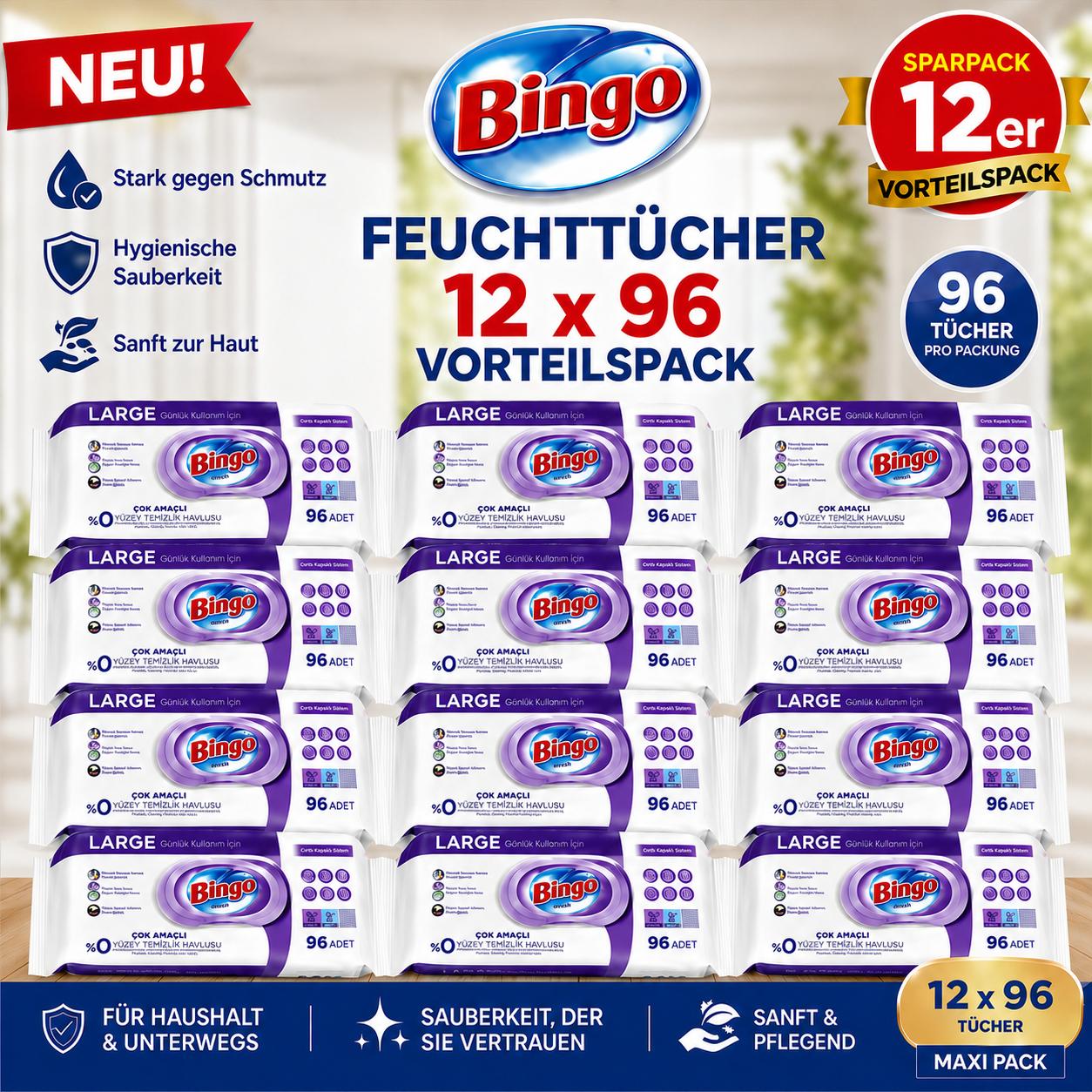 Bingo Feuchttücher Lavendel 12x96 Blatt – Großpackung