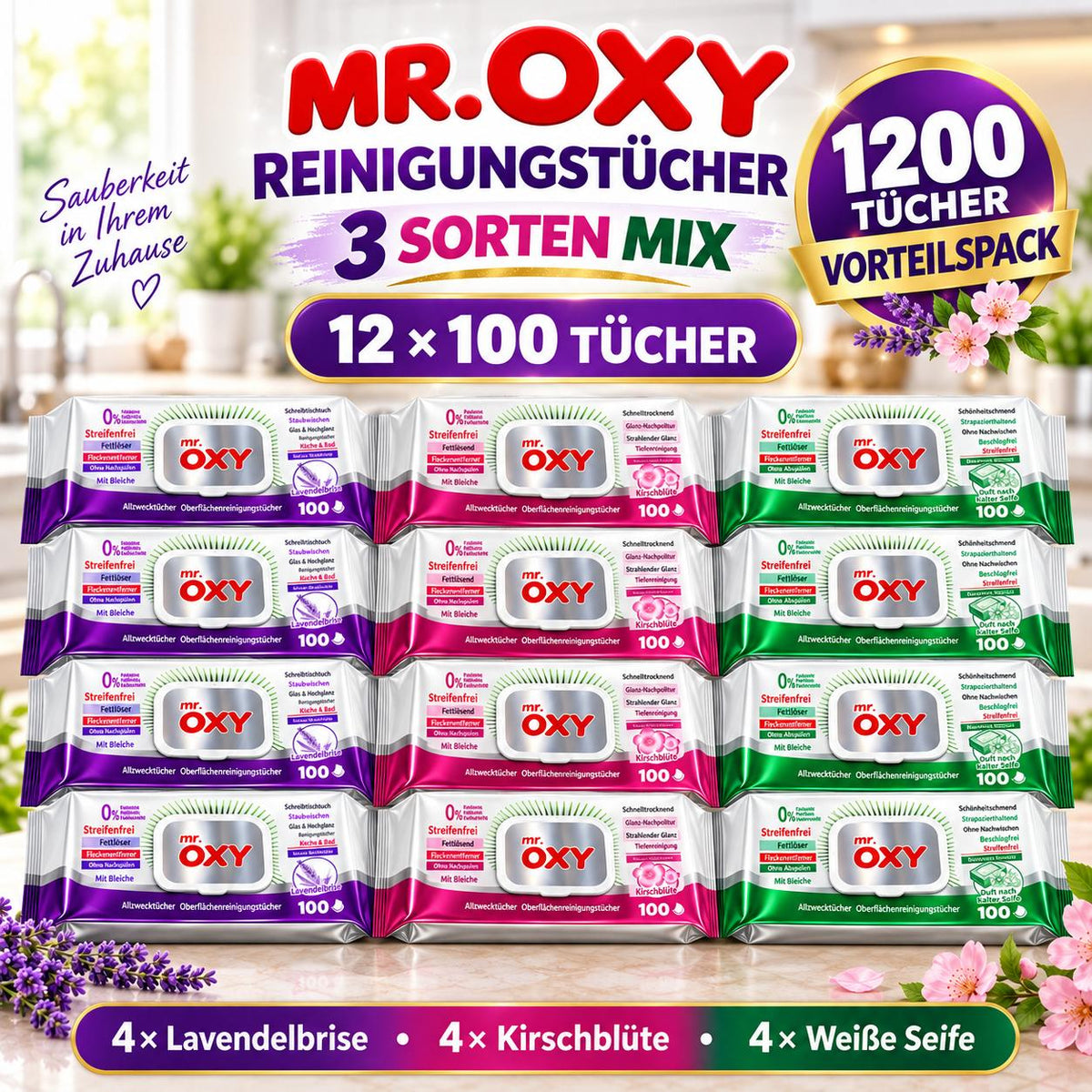 Mr Oxy Oberflächen-Reinigungstücher alle 3 Sorten – 12er Mixset, 12 x 100 Tücher