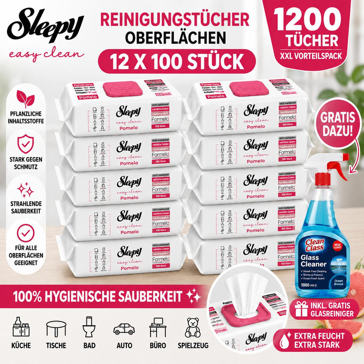 Sleepy Easy Clean Oberflächenreinigungstücher – 12x100 Pomelo + Glasreiniger GRATIS