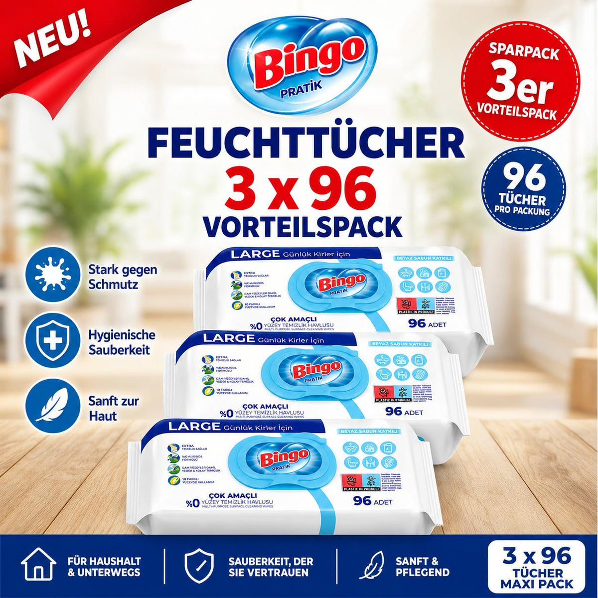 Bingo 3x96 Blatt – Mehrzweck Reinigungstücher – Große Oberfläche
