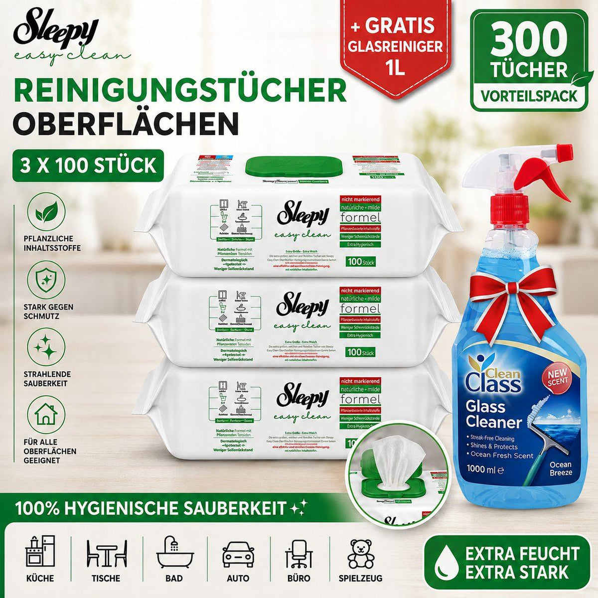 Sleepy Oberflächenreinigungstücher White Soap 3er + Reiniger