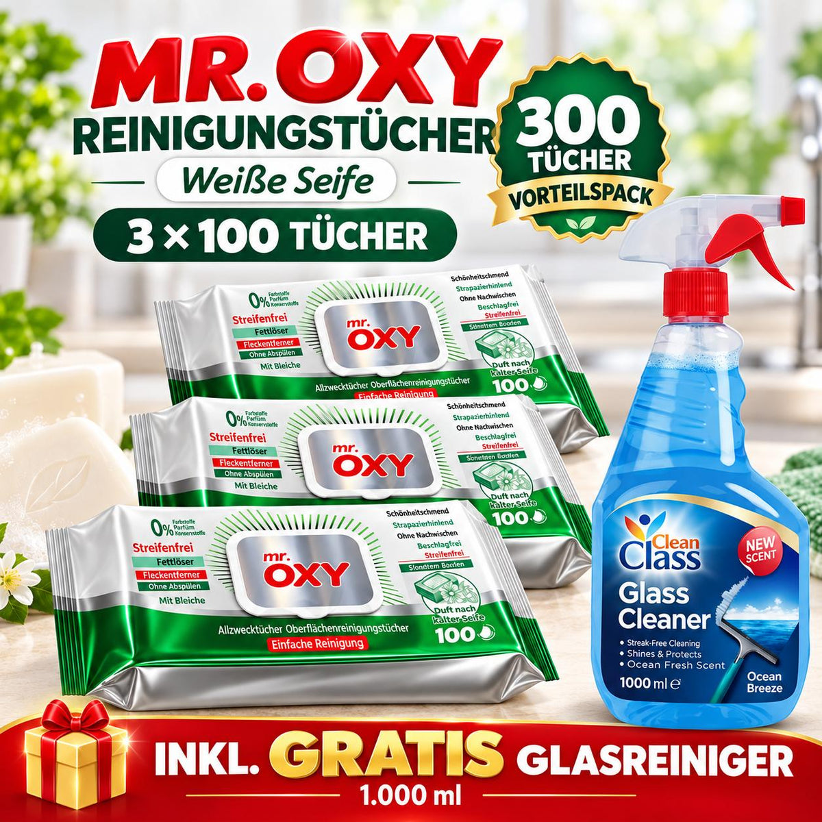 Mr Oxy Oberflächen-Reinigungstücher Maxima Beyaz Sirke & Karbonat – 3er Set, 3 x 100 Tücher + 1 Gratis-Glasreiniger