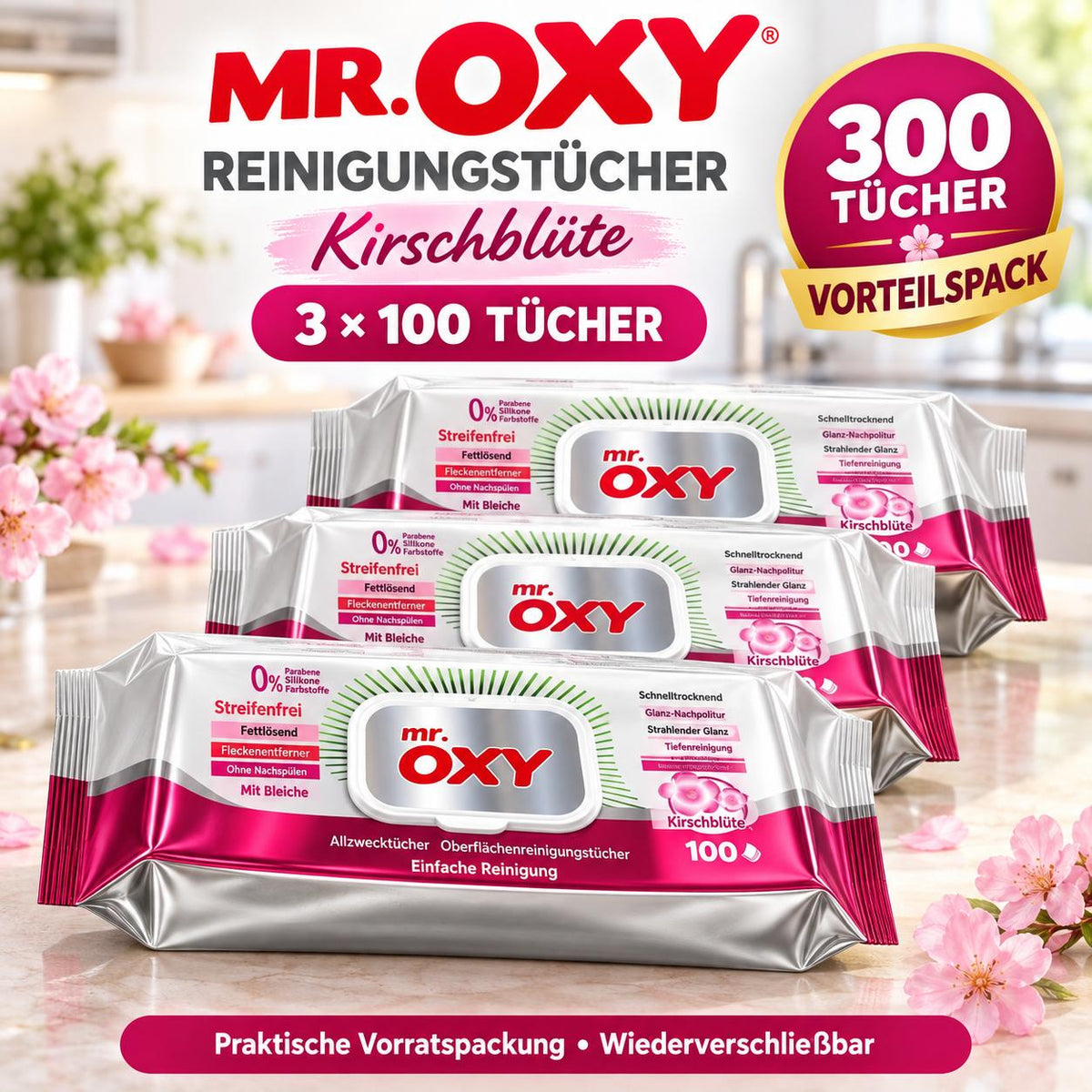 Mr Oxy Oberflächen-Reinigungstücher Kirschblüte – 3er Set, 3 x 100 Tücher