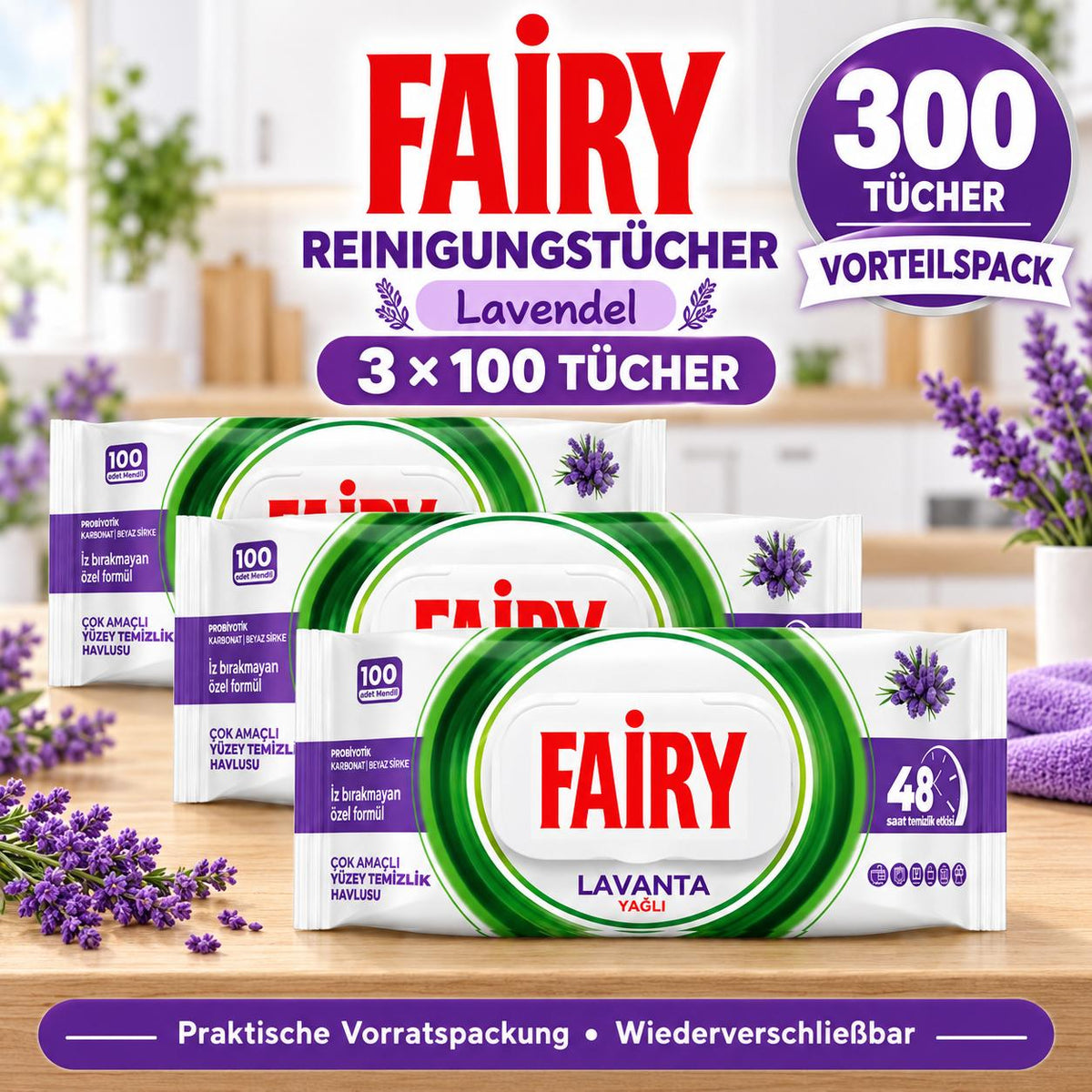 FAIRY Oberflächen-Reinigungstücher Lavendel – 3er Set, 3 x 100 Tücher