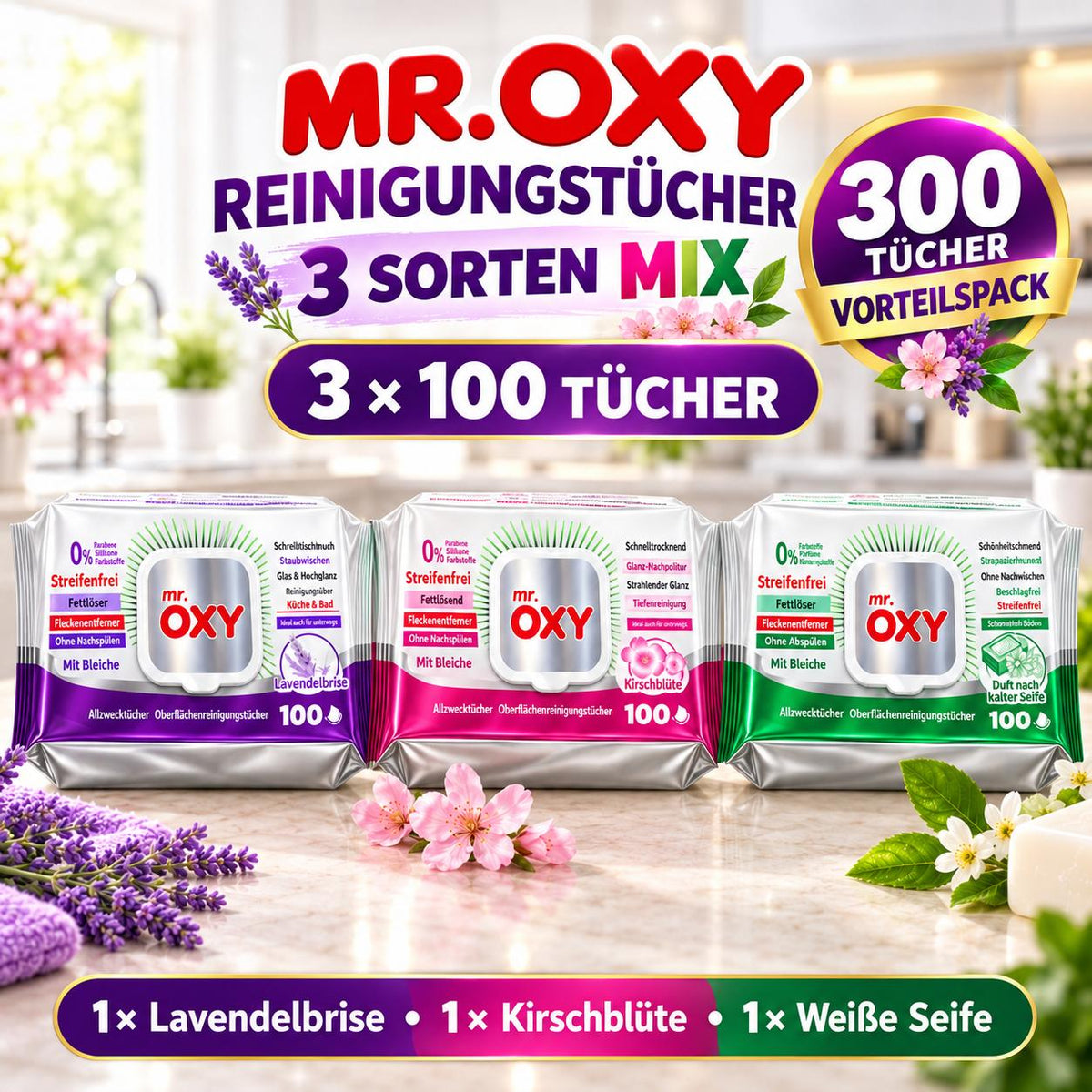 Mr Oxy Oberflächen-Reinigungstücher alle 3 Sorten – 3er Mixset, 3 x 100 Tücher