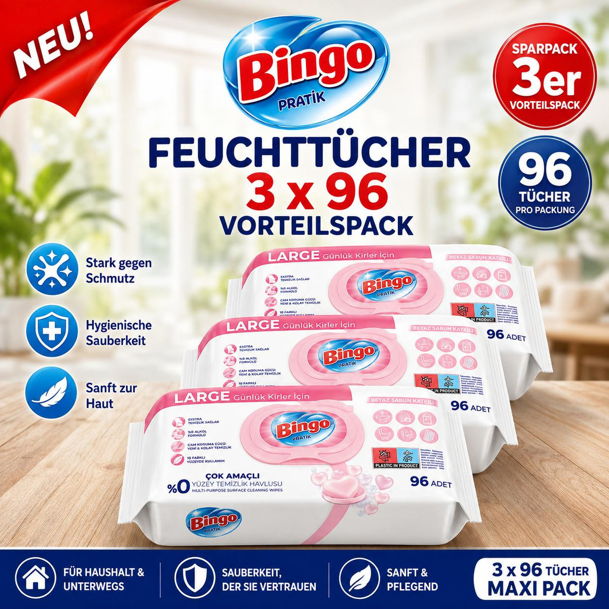 Bingo 3x96 Blatt – Mehrzweck Reinigungstücher – Große Oberfläche