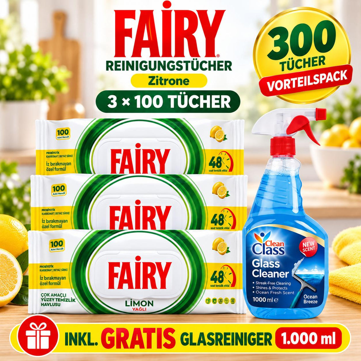 FAIRY Oberflächen-Reinigungstücher Zitrone – 3er Set, 3 x 100 Tücher + 1 Gratis-Glasreiniger