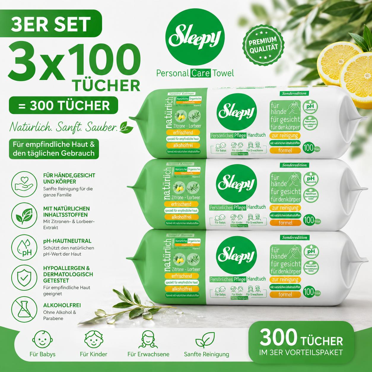 Sleepy Easy Clean Sensitive Feuchttücher Zitrone - Lorbeer 3x100 Tücher – für Babys, Kinder & Erwachsene – alkoholfrei, pH-hautneutral, hypoallergen, sanfte Reinigung für Hände, Gesicht & Körper