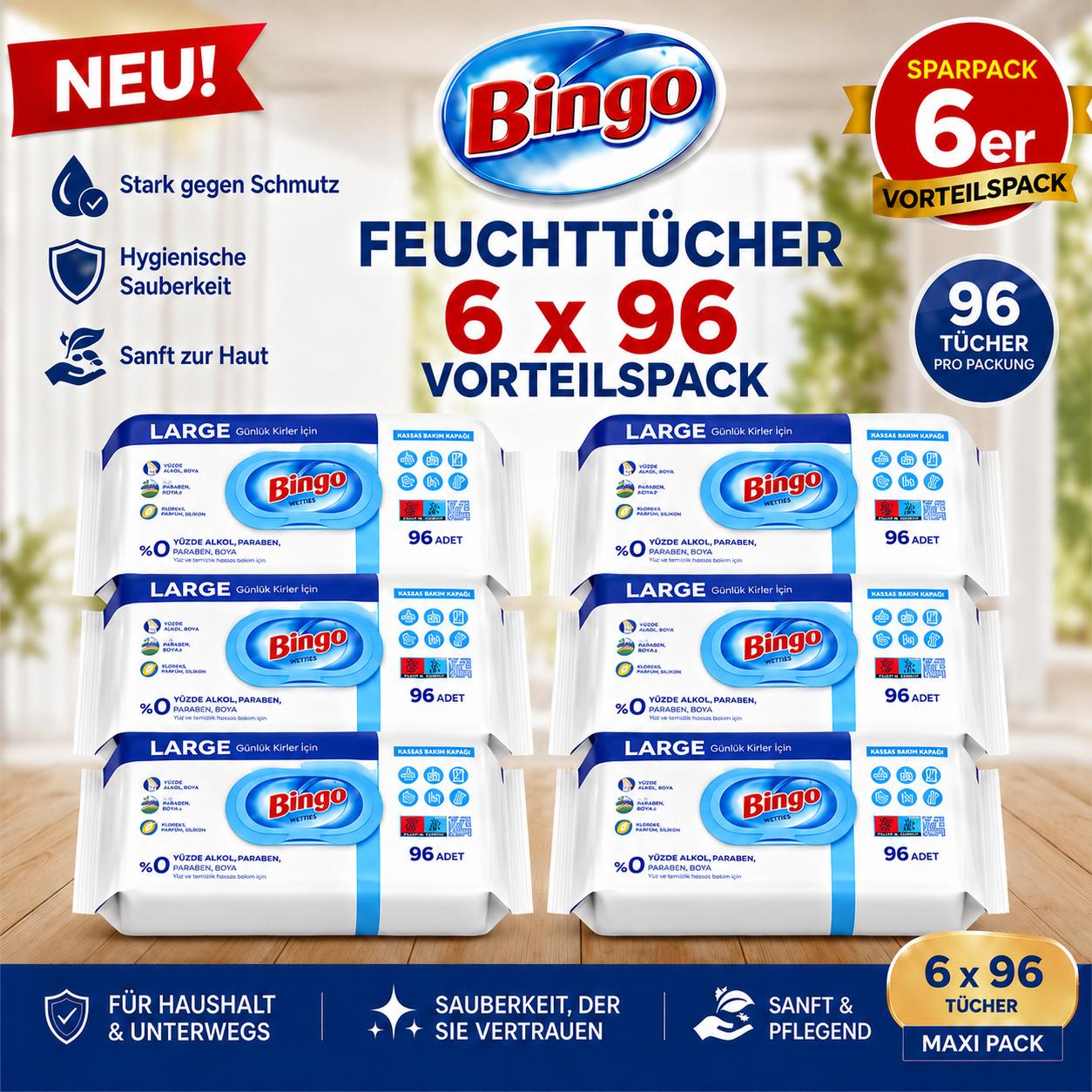 Bingo Feuchttücher Weißseife 6x96 Blatt – Mehrzweck Reinigungstücher – Vorteilspack