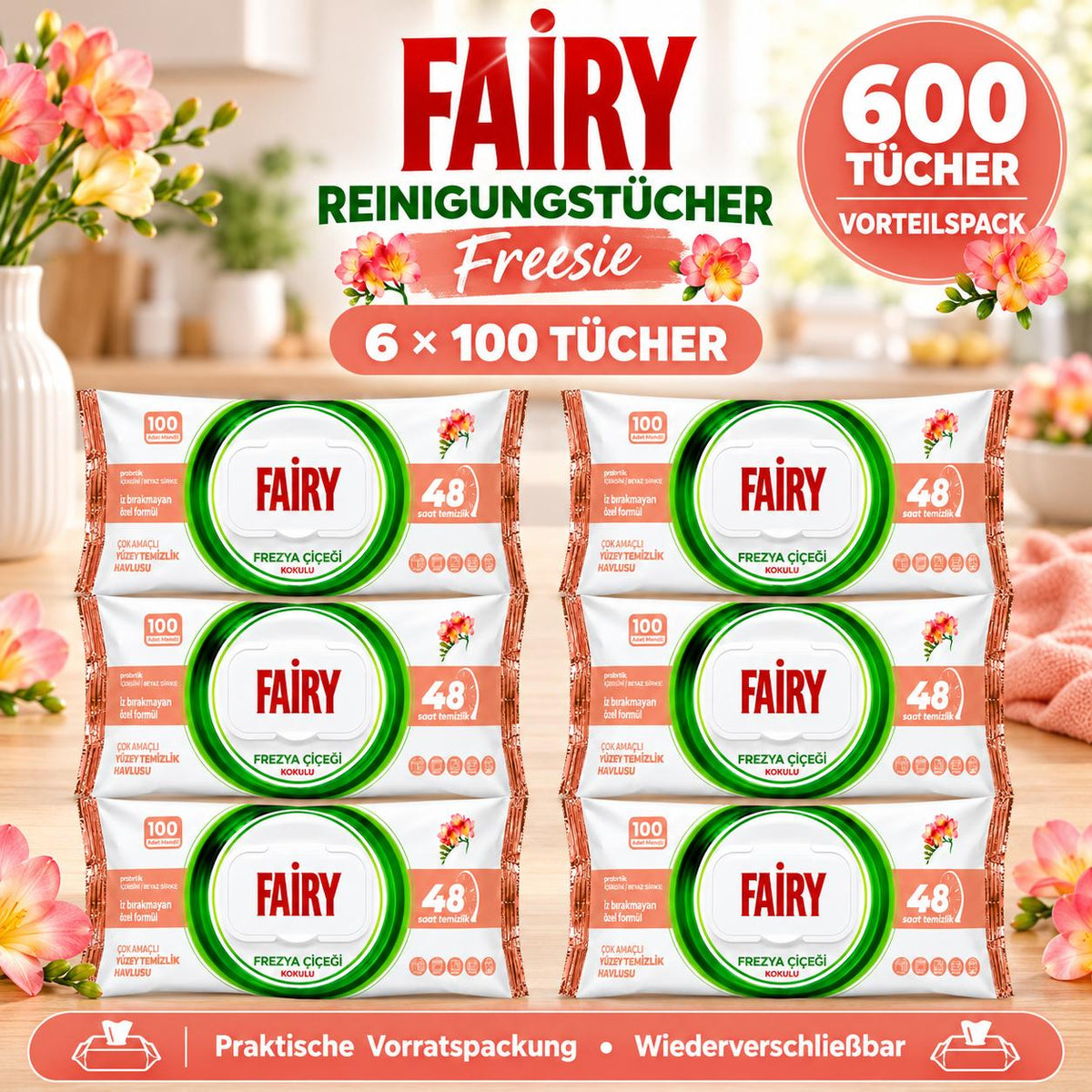 FAIRY Oberflächen-Reinigungstücher Freesie – 6er Set, 6 x 100 Tücher
