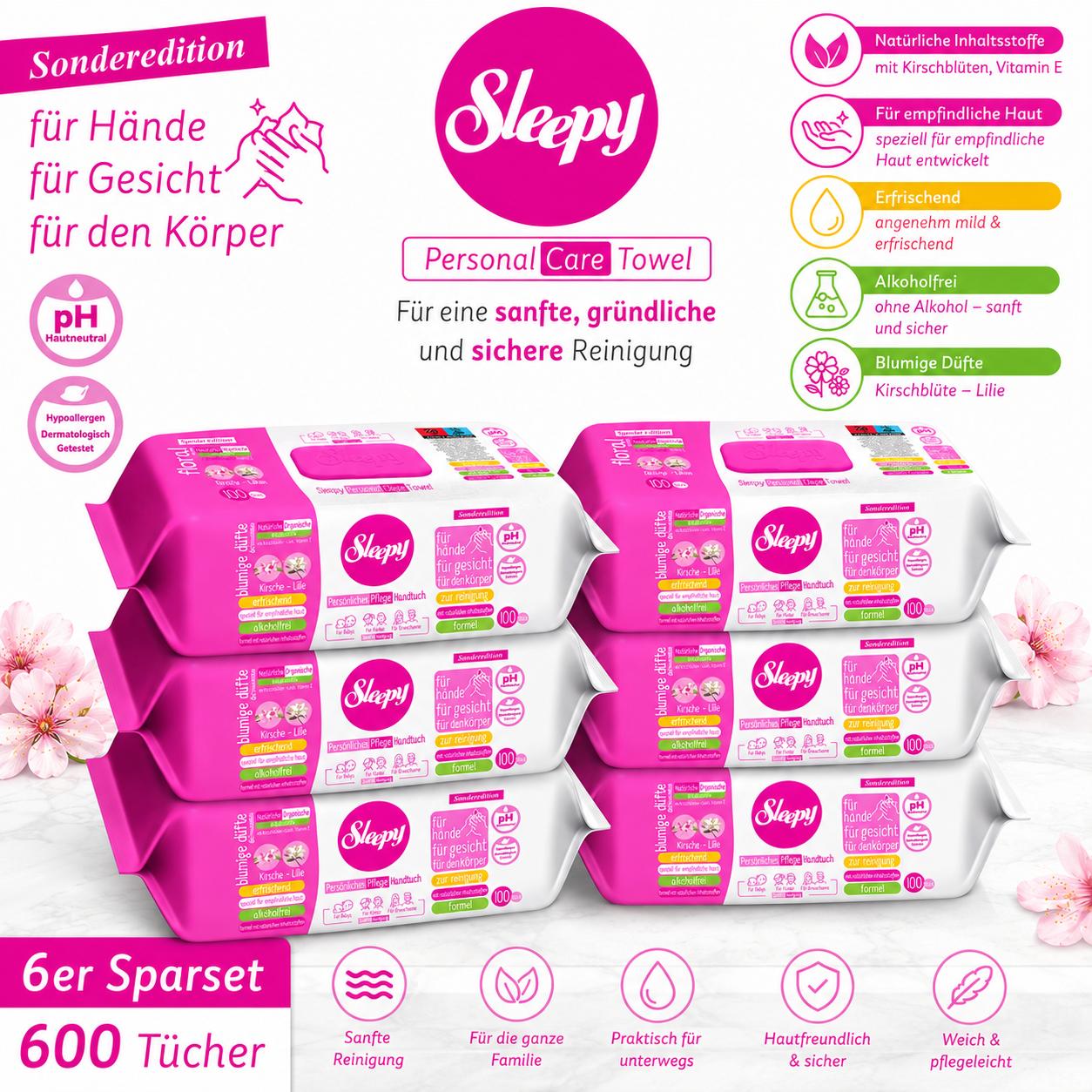 Sleepy Easy Clean Sensitive Feuchttücher Kirsche - Lilie 6x100 Tücher – für Babys, Kinder & Erwachsene – alkoholfrei, pH-hautneutral, hypoallergen, sanfte Reinigung für Hände, Gesicht & Körper