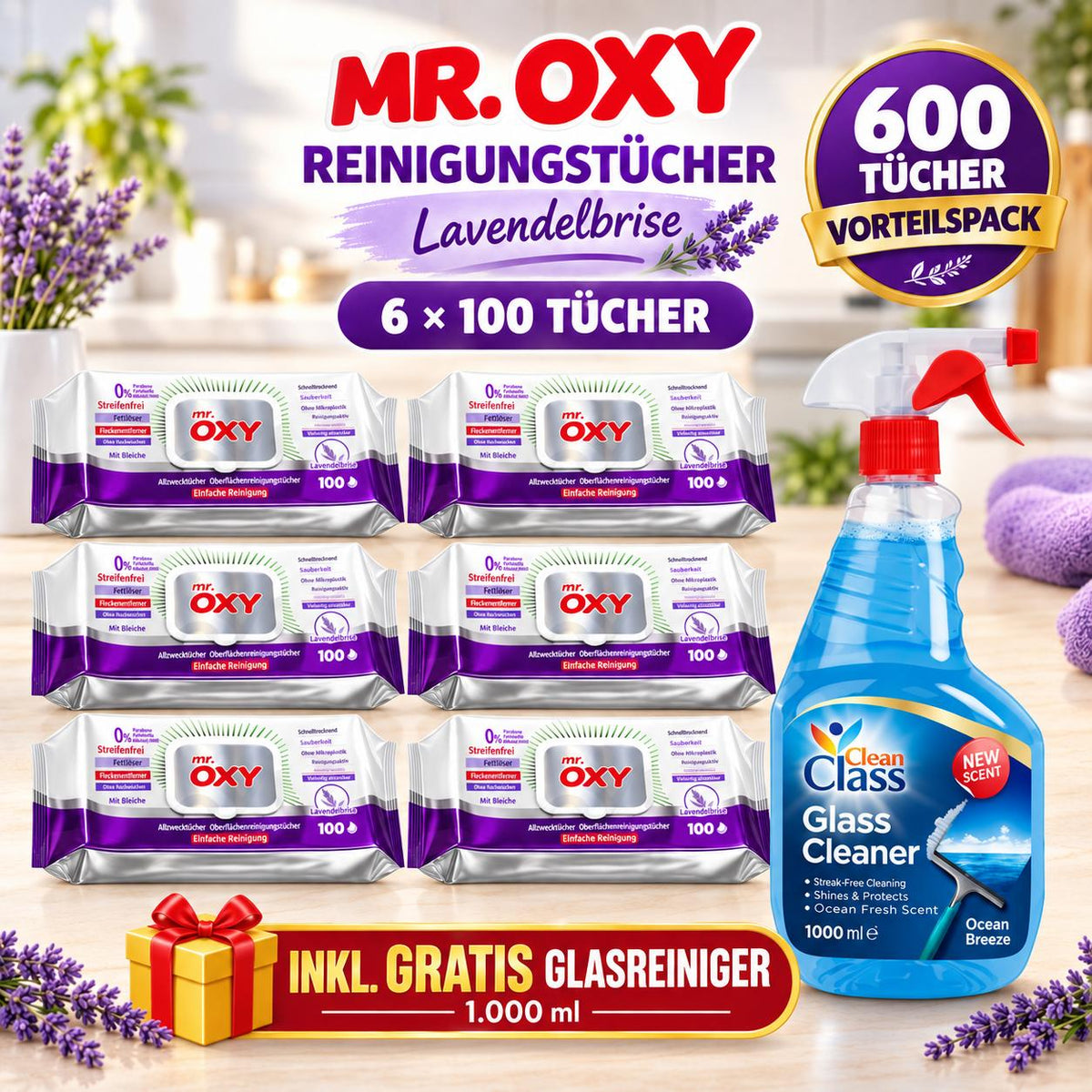 Mr Oxy Oberflächen-Reinigungstücher + 1 Gratis-Glasreiniger