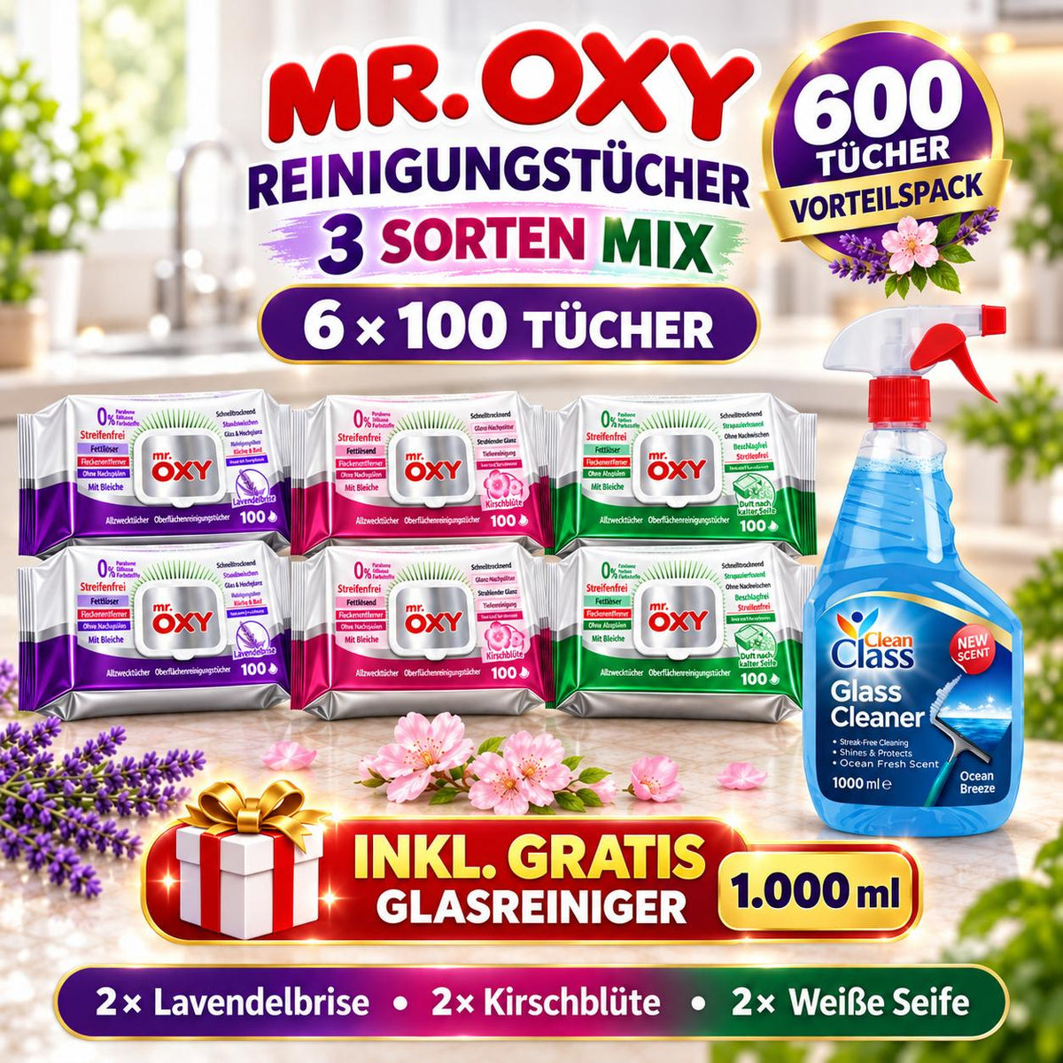 Mr Oxy Oberflächen-Reinigungstücher alle 3 Sorten – 6er Mixset, 6 x 100 Tücher + 1 Gratis-Glasreiniger