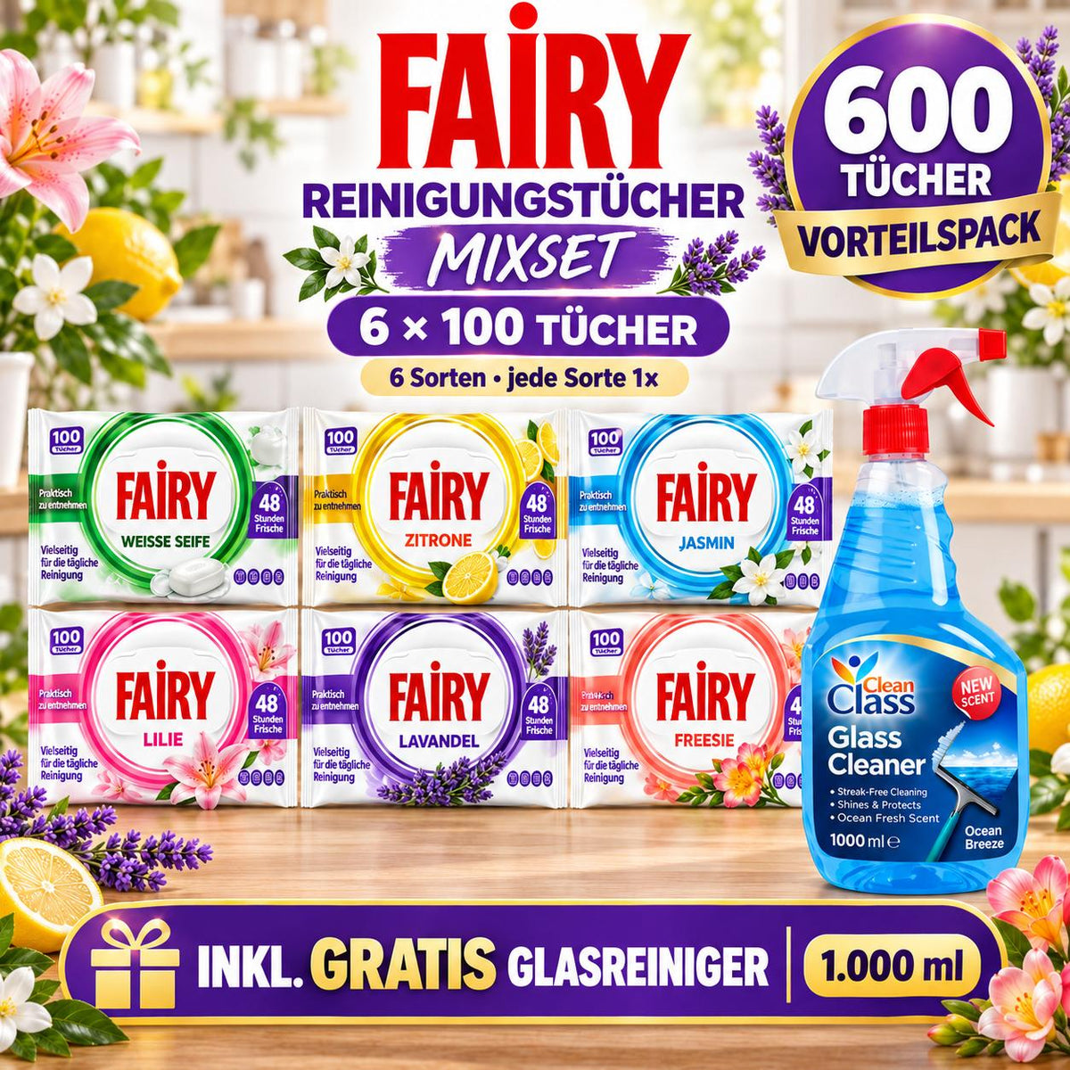 FAIRY Oberflächen-Reinigungstücher alle 6 Sorten – 6er Mixset, 6 x 100 Tücher + 1 Gratis-Glasreiniger
