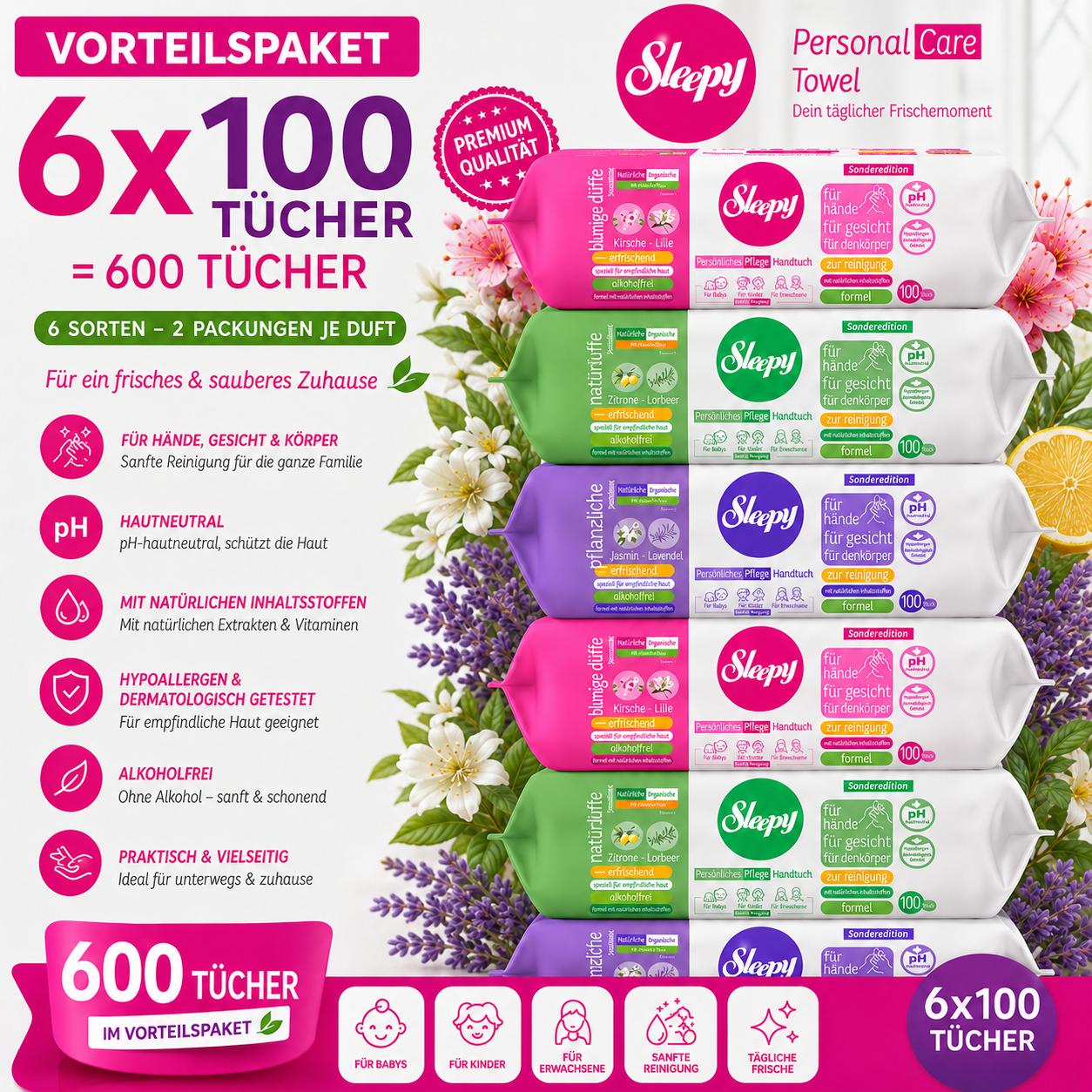 Sleepy Easy Clean Sensitive Mix Set 6x100 Tücher – Zitrone & Lorbeer, Jasmin & Lavendel, Kirsche & Lilie – für Babys, Kinder & Erwachsene
