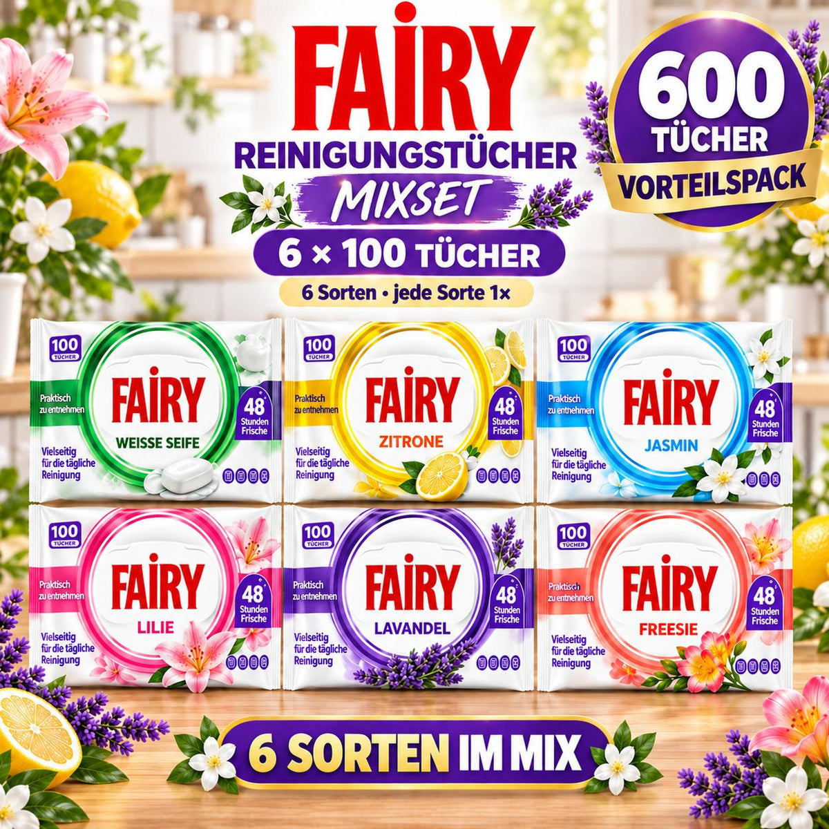 FAIRY Oberflächen-Reinigungstücher alle 6 Sorten – 6er Mixset, 6 x 100 Tücher