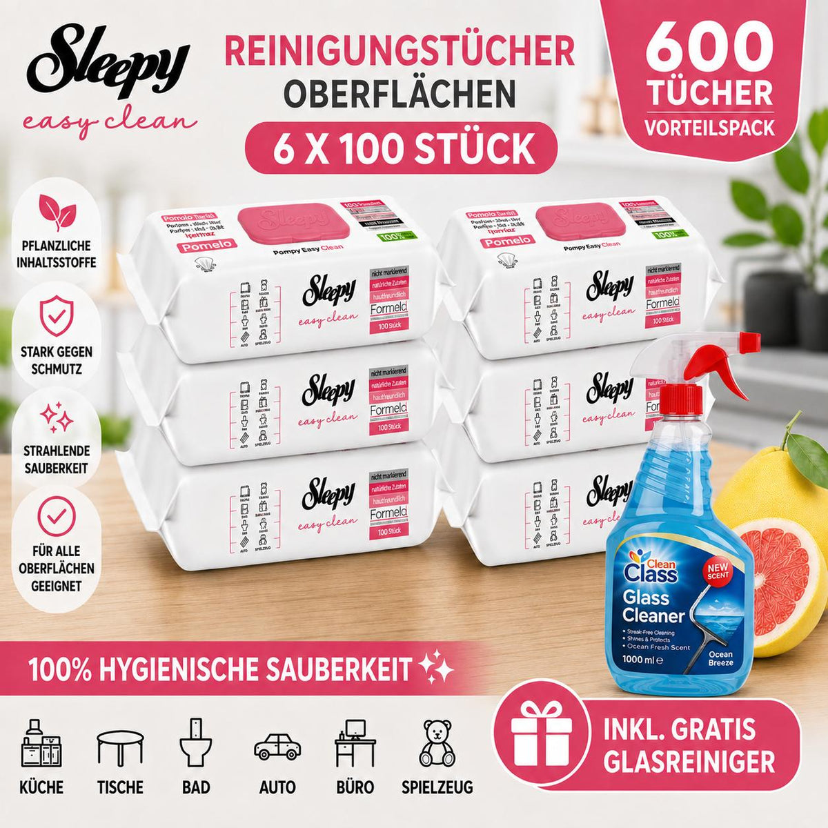 Sleepy Easy Clean Oberflächenreinigungstücher – 6x100 Pomelo + Glasreiniger GRATIS