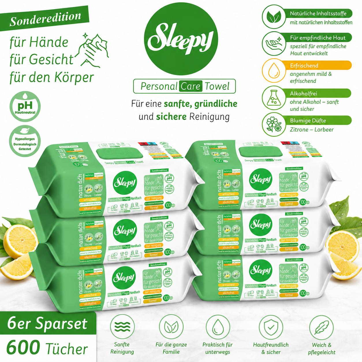 Sleepy Easy Clean Sensitive Feuchttücher Zitrone - Lorbeer 6x100 Tücher – für Babys, Kinder & Erwachsene – alkoholfrei, pH-hautneutral, hypoallergen, sanfte Reinigung für Hände, Gesicht & Körper