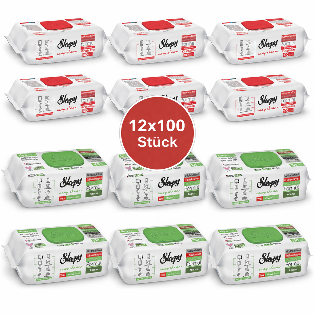 Sleepy Easy Clean Oberflächenreinigungstücher – 6x100 Kirsche + 6x100 Anannas | Universalputztücher