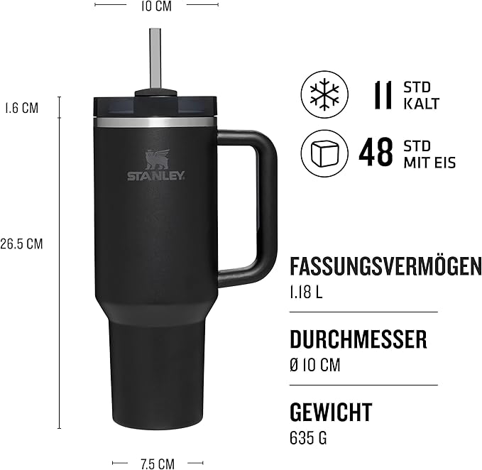 Stanley Quencher H2.0 1.2L Black – Thermobecher mit Strohhalm, Edelstahl