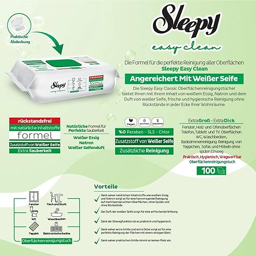Sleepy Easy Clean Reinigungstücher Grün – Seifenduft – 6x100 Tücher (600 Blatt) – Oberflächenreinigung mit Farbkraft & Frische – starke Putztücher für Küche, Bad & Haushalt