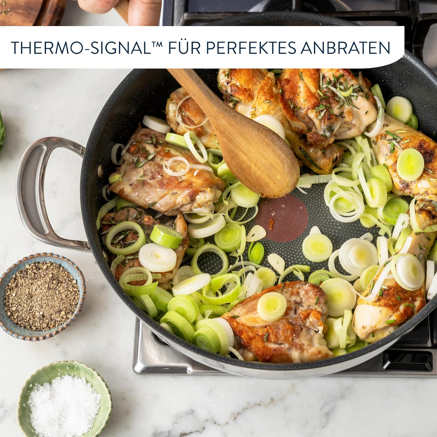 Tefal Jamie Oliver Cooks Classic Servierpfanne 30 cm, Schmorpfanne Induktion mit Antihaftversiegelung, Thermo-Signal bei idealer Brattemperatur, für alle Herdarten geeignet, Edelstahl, E30690
