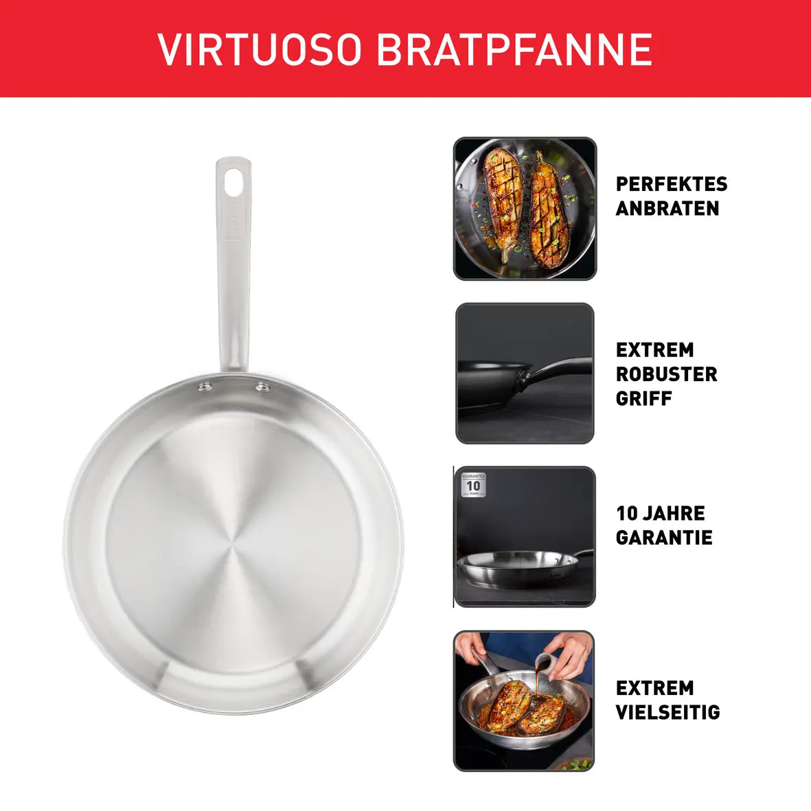 TEFAL VIRTUOSO Bratpfanne 28 cm (E49206), Edelstahlpfanne unbeschichtet, Pfanne Induktion