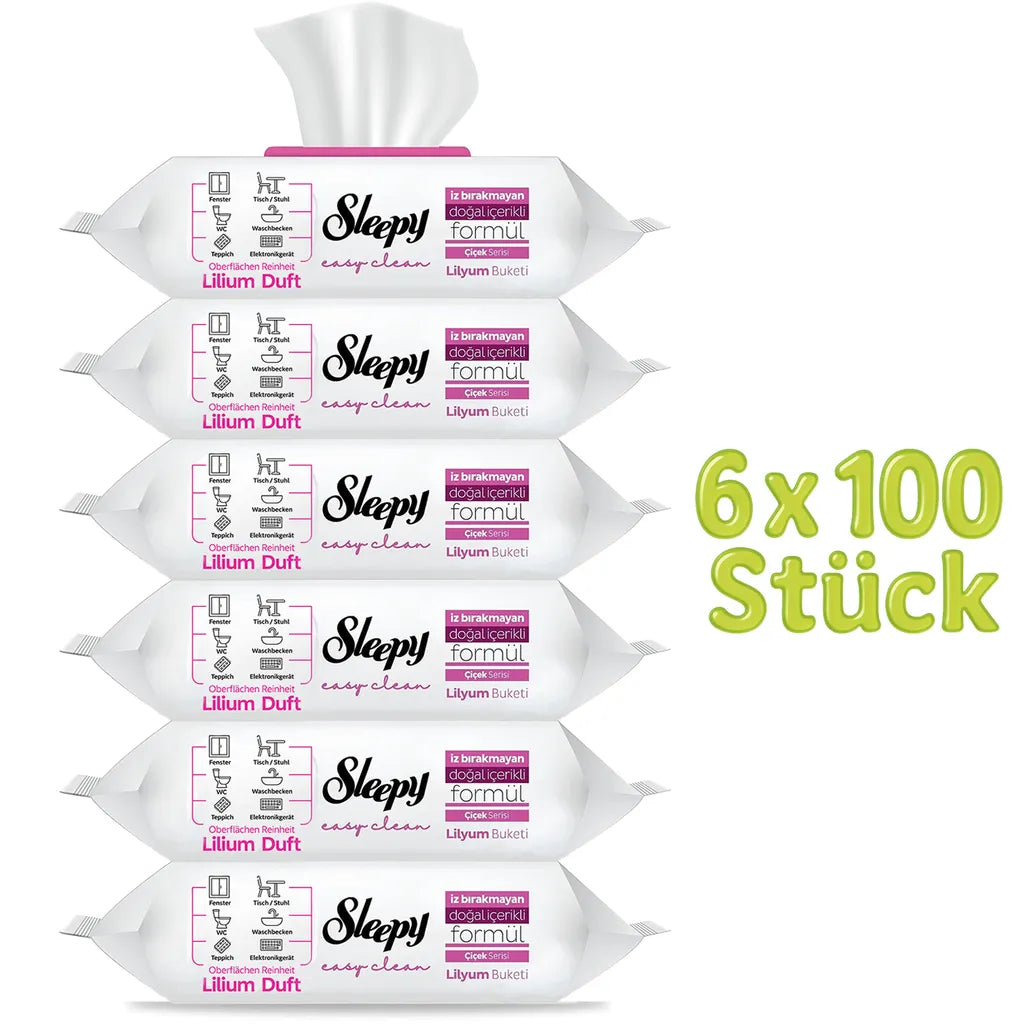Sleepy Reinigungstücher Rosa – Lilienbouquet-Duft – 6x100 Tücher (600 Blatt) – Feuchte Oberflächenreinigungstücher für den täglichen Einsatz in Haushalt, Küche & Bad