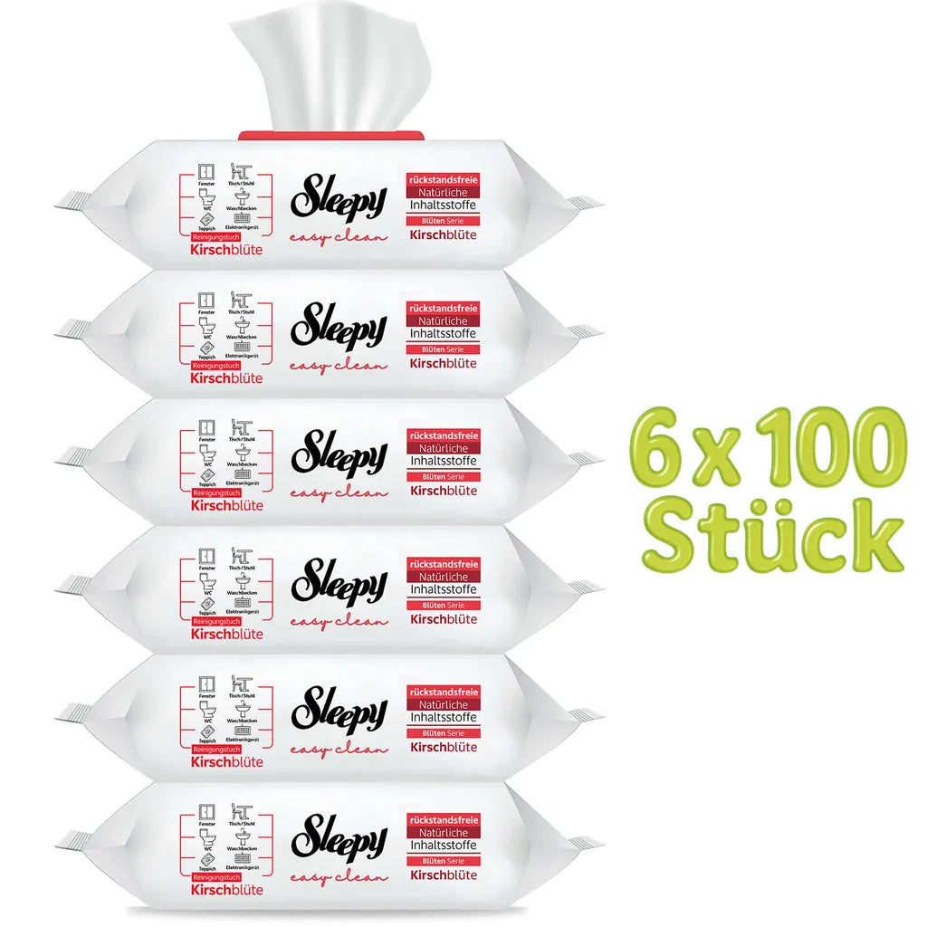 Sleepy Easy Clean Reinigungstücher mit Bleichzusatz – 6x100 Tücher (600 Blatt), Rot – Kirschblütenduft – Feuchte Oberflächen-Putztücher für Küche, Bad & Haushalt