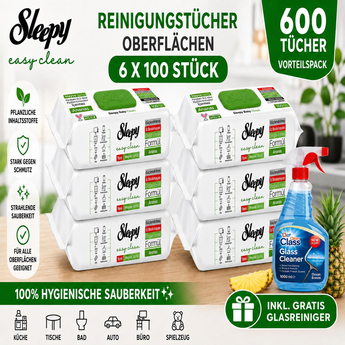 Sleepy Easy Clean Oberflächenreinigungstücher – 6x100 Anannas + Glasreiniger GRATIS