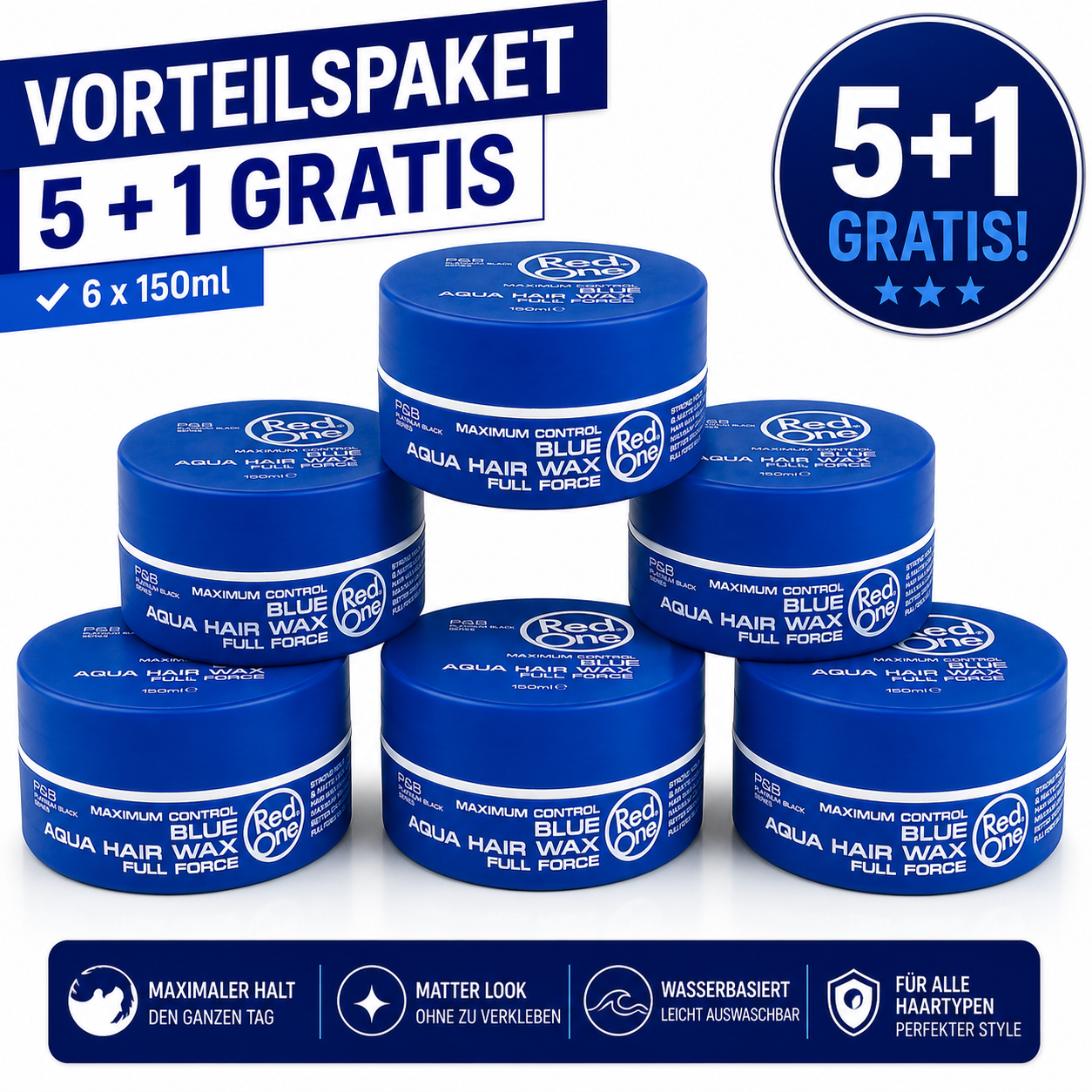 Red One Blue Aqua Gel Wax 6er Pack – 6 Stück je 150ml Aqua Hair Gel Wax Vorratspack für starken Halt, Wet Look, Glanz, Barber Style, Herren Frisur, kurze Haare, Friseurbedarf & Alltag