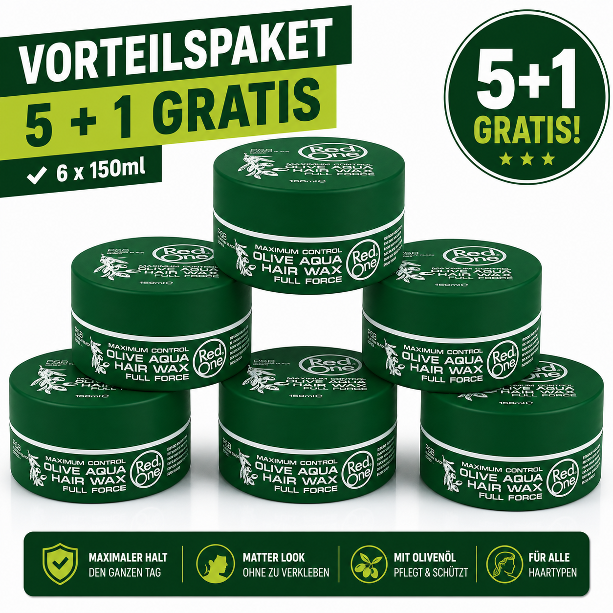 Red One Olive Aqua Gel Wax 6er Pack – 6 Stück je 150ml Aqua Hair Gel Wax Vorratspack für starken Halt, Wet Look, Glanz, Barber Style, Herren Frisur, kurze Haare, Friseurbedarf & Alltag
