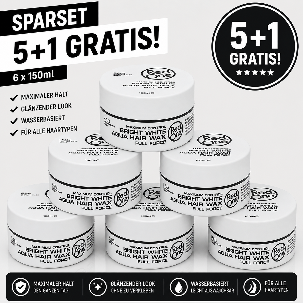 Red One Bright White Aqua Gel Wax 6er Pack – 6 Stück je 150ml Aqua Hair Gel Wax Vorratspack für starken Halt, Wet Look, Glanz, Barber Style, Herren Frisur, kurze Haare, Friseurbedarf & Alltag