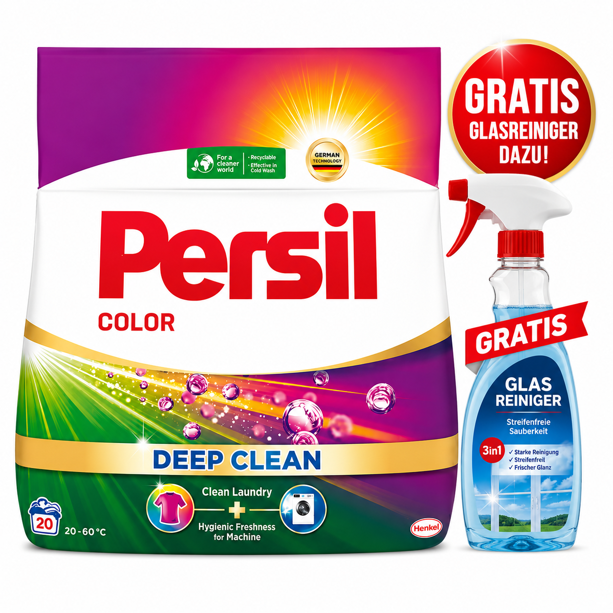 Persil Deep Clean Color Waschpulver 1,1kg + Glasreiniger GRATIS – Persil Deep Clean Waschpulver für Waschmaschine, saubere Wäsche, Fleckenentfernung, Tiefenreinheit, frischen Duft, Color & Universal, Haushalt & Vorrat