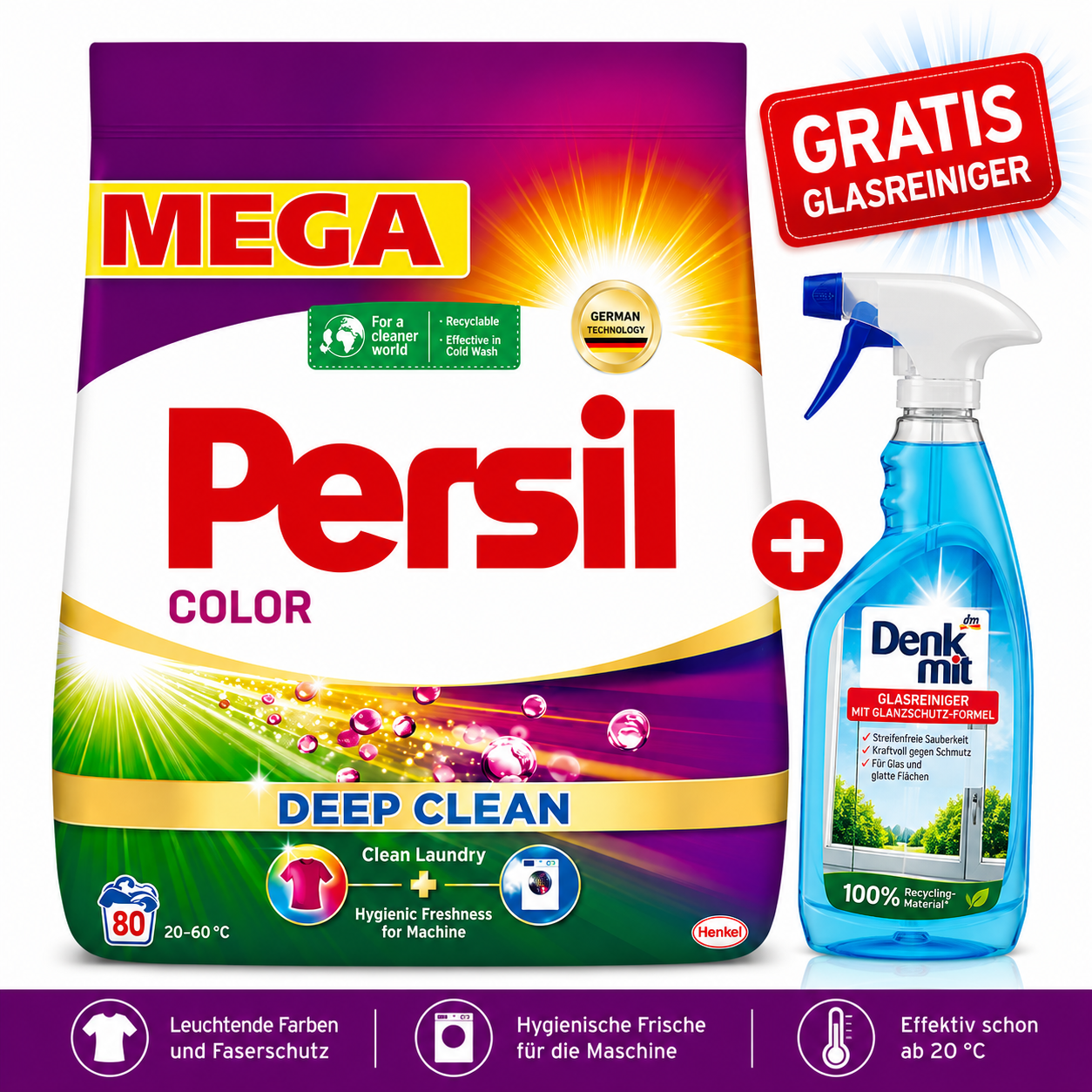 Persil Color Waschpulver 4,4kg 80 Wäschen + Glasreiniger GRATIS – Persil Deep Clean Waschpulver für Waschmaschine, saubere Wäsche, Fleckenentfernung, Tiefenreinheit, frischen Duft, Color & Universal, Haushalt & Vorrat