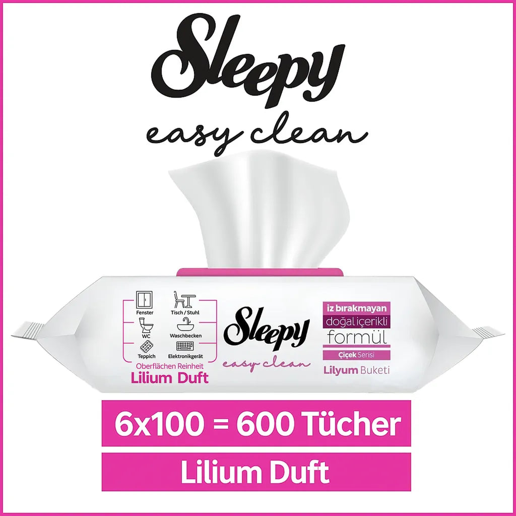 Sleepy Reinigungstücher Rosa – Lilienbouquet-Duft – 6x100 Tücher (600 Blatt) – Feuchte Oberflächenreinigungstücher für den täglichen Einsatz in Haushalt, Küche & Bad