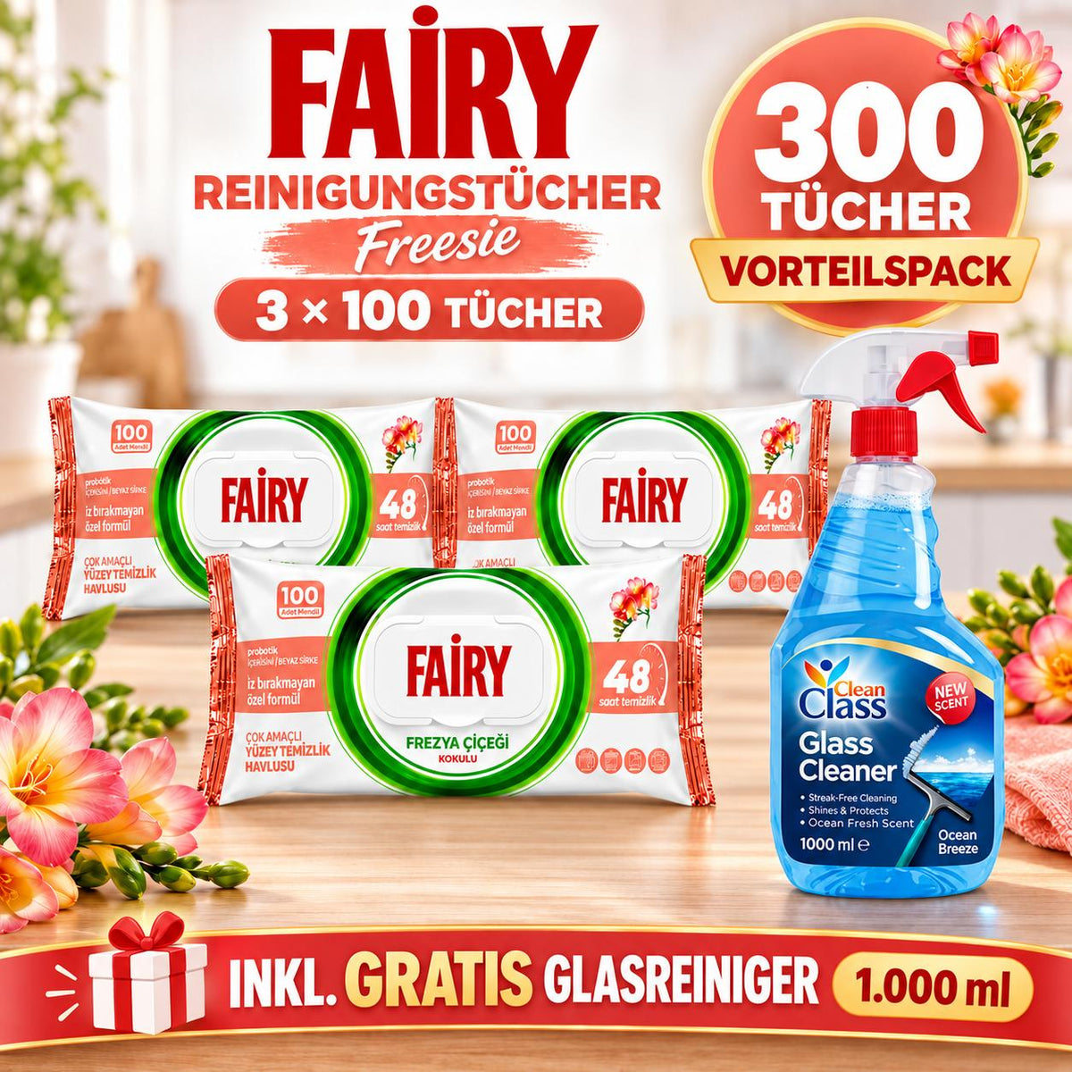 FAIRY Oberflächen-Reinigungstücher Freesie – 3er Set, 3 x 100 Tücher + 1 Gratis-Glasreiniger