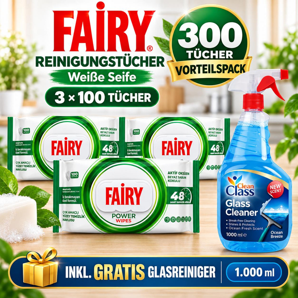 FAIRY Oberflächen-Reinigungstücher Power – 3er Set, 3 x 100 Tücher + 1 Gratis-Glasreiniger
