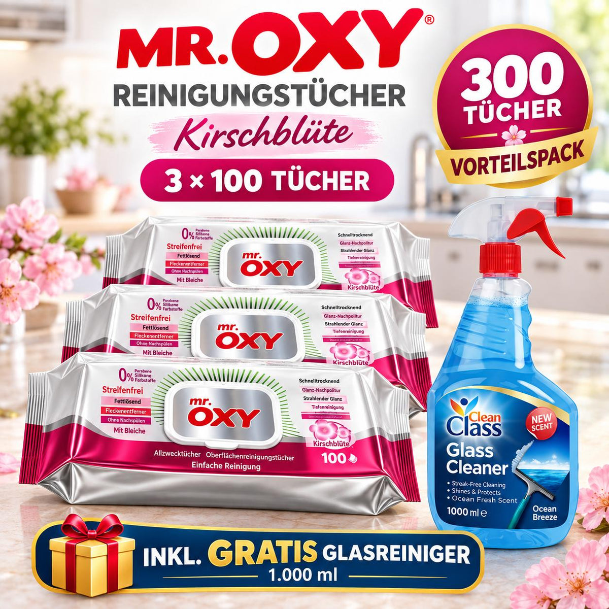 Mr Oxy Oberflächen-Reinigungstücher Kirschblüte – 3er Set, 3 x 100 Tücher + 1 Gratis-Glasreiniger