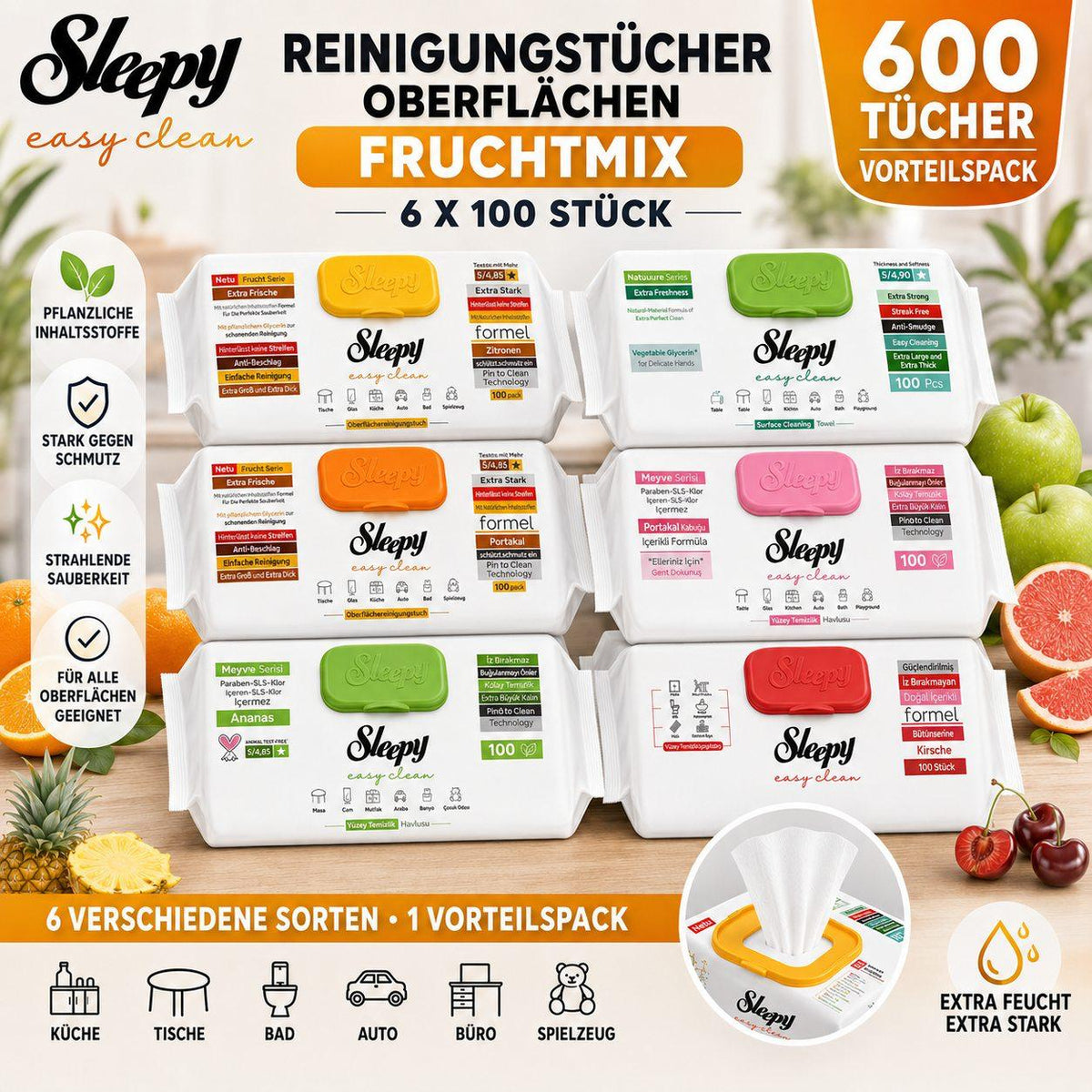 Sleepy Easy Clean Frucht Mix 6er Set – Zitrone, Apfel, Orange, Pomelo, Ananas & Kirsche