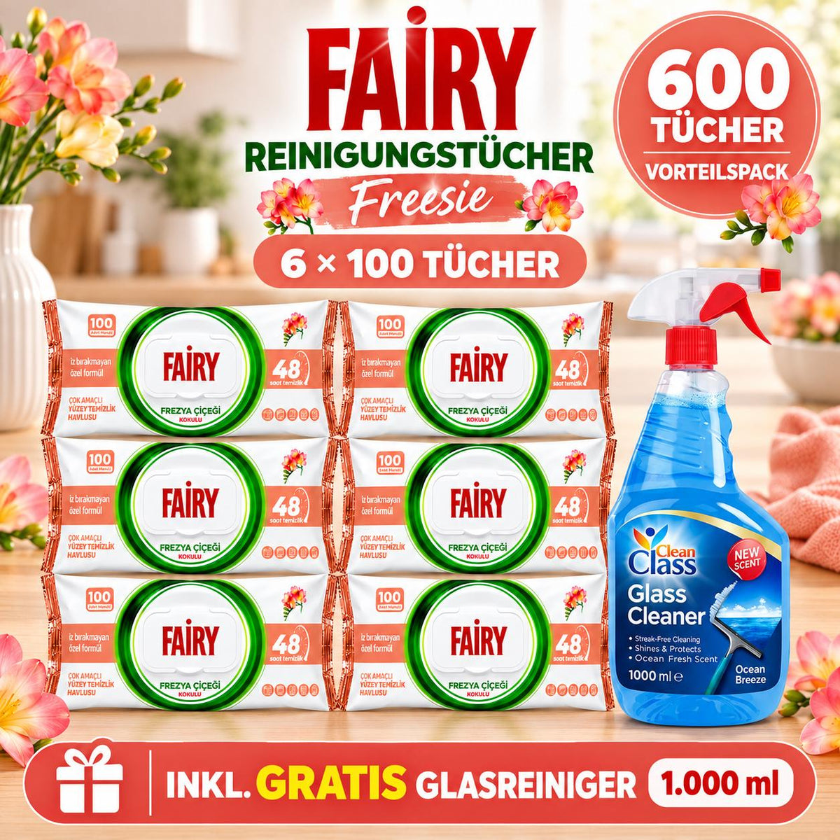 FAIRY Oberflächen-Reinigungstücher Freesie – 6er Set, 6 x 100 Tücher + 1 Gratis-Glasreiniger